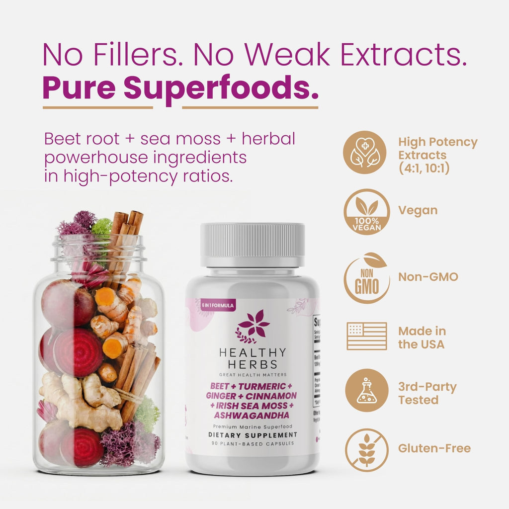 Healthy Herbs Wildcrafted Sea Moss Capsules | 1950mg BATCG-6 "Heart Complex Advanced Sea Moss Superblend | US-Made, Vegan, Non-GMO, Easy-Swallow (90 Capsules) - TrustMedUSA