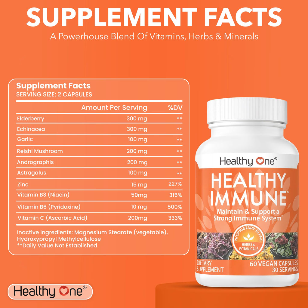 Healthy Immune - 10 in 1 Formula - Cold & Flu Virus - Sick & Illness - Covid - Elderberry - Echinacea - Vitamin C - Zinc - Garlic - Reishi - Andrographis - Astragulus - Antioxidants - Immunity - 120ct - Maple Wellness Supplements
