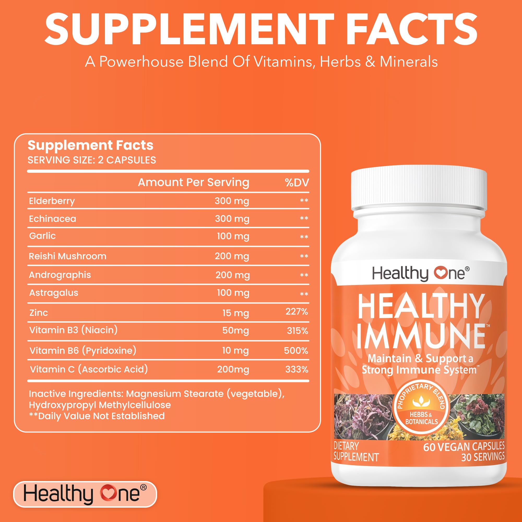 Healthy Immune - 10 in 1 Formula - Cold & Flu Virus - Sick & Illness - Covid - Elderberry - Echinacea - Vitamin C - Zinc - Garlic - Reishi - Andrographis - Astragulus - Antioxidants - Immunity - 120ct - Maple Wellness Supplements