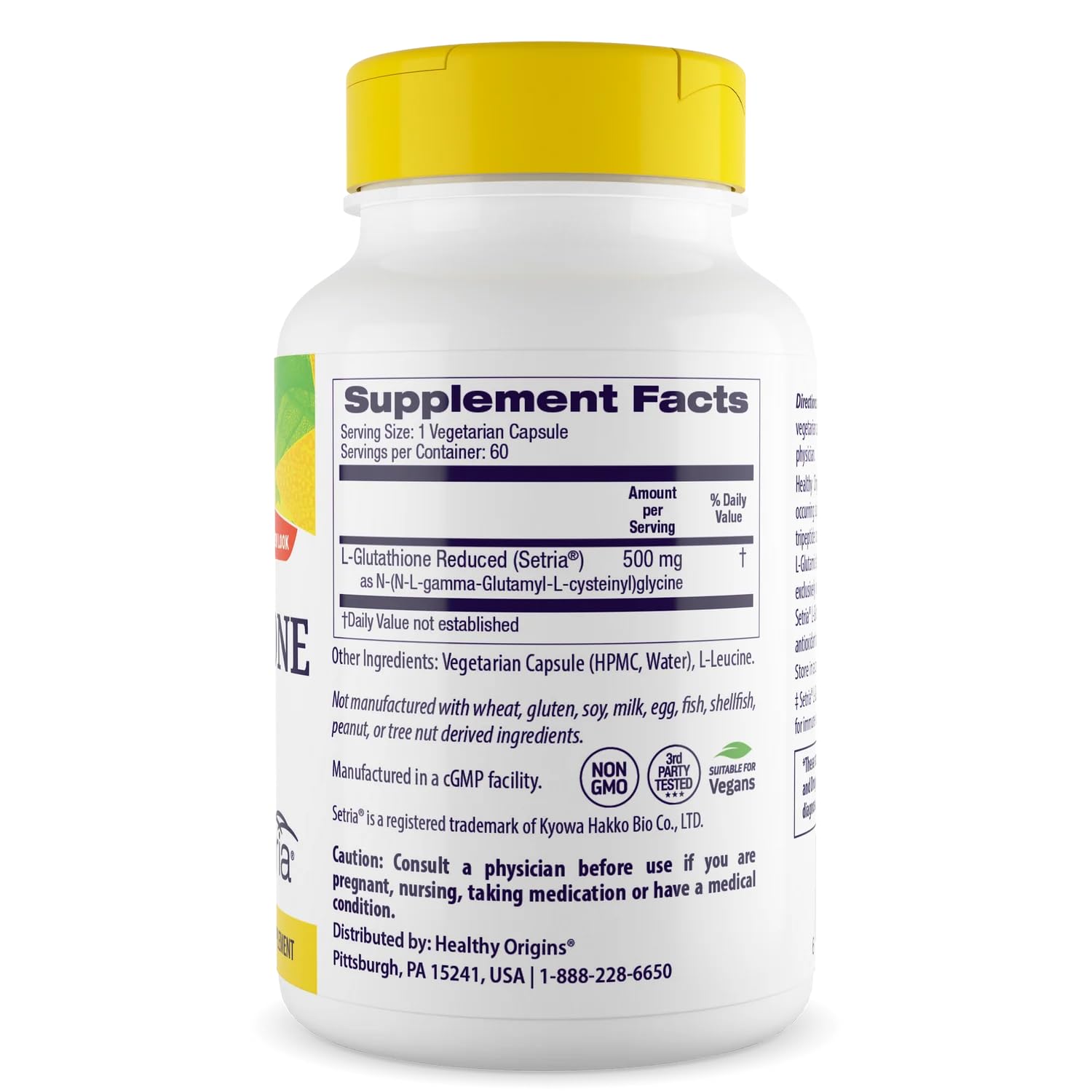 Healthy Origins L-Glutathione 500 mg (Setria, Non-GMO, Gluten Free, Antioxidant, Immune Support, Skin Support), 60 Veggie Caps - TrustMedUSA