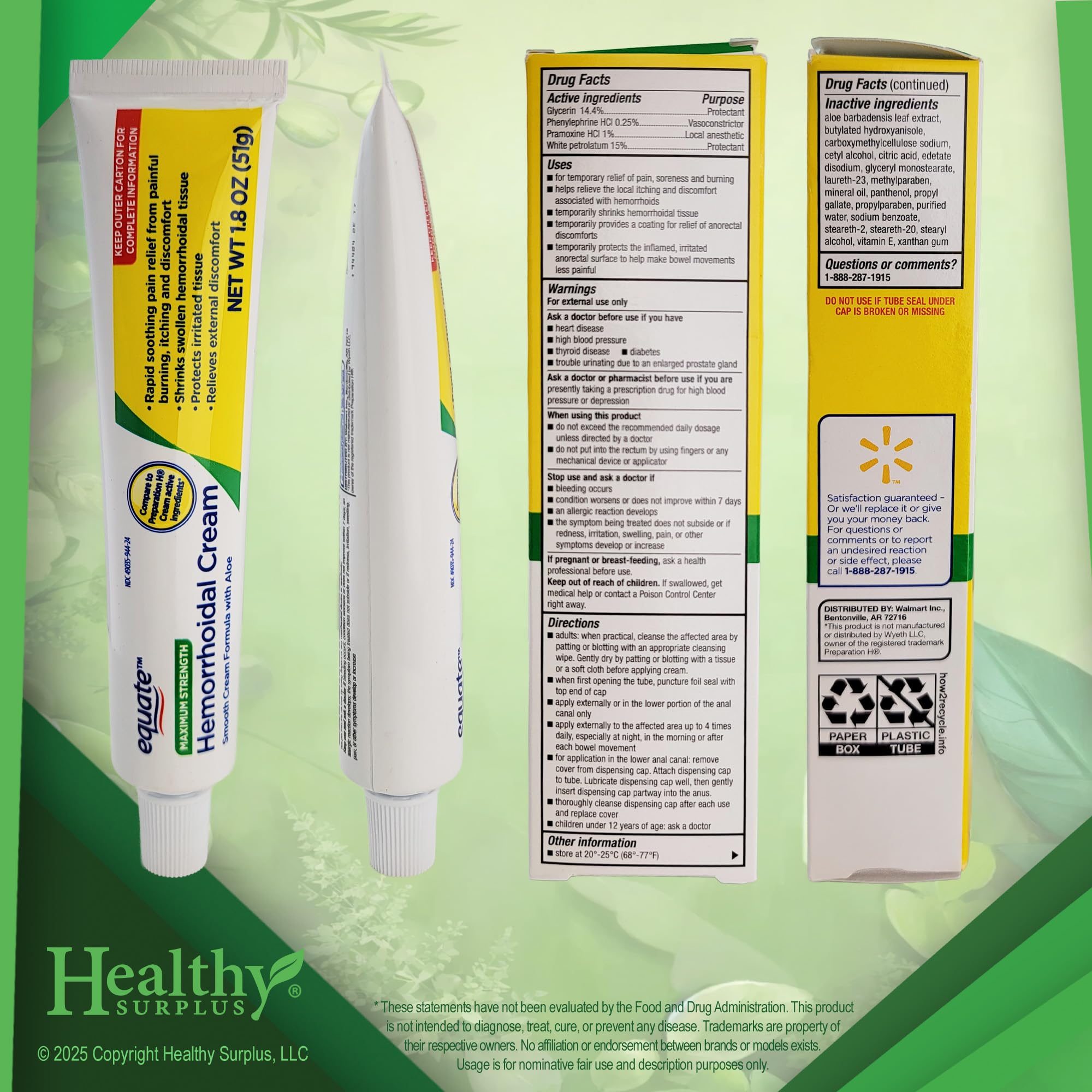 Healthy Surplus Equate Hemorrhoidal Cream/Ointment 1.8 OZ (51g) and Vital Volumes Tips Card Bundle - TrustMedUSA