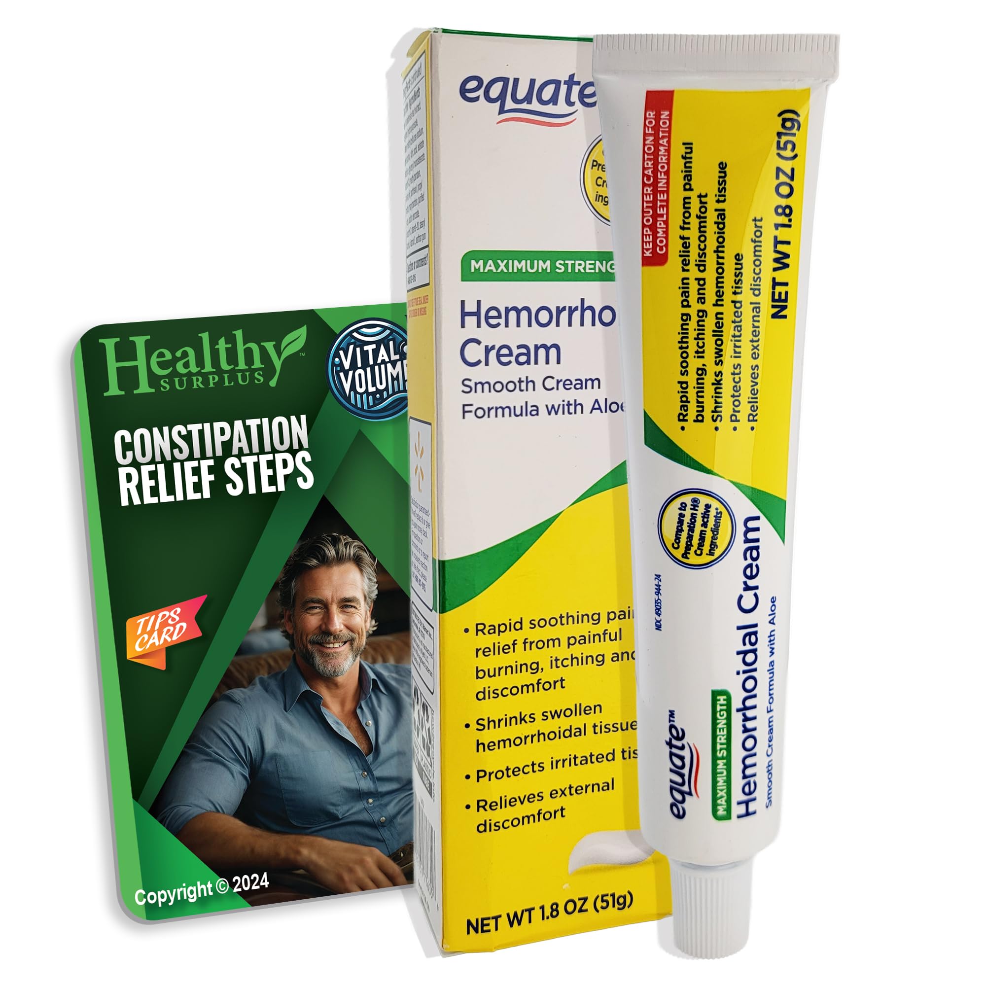 Healthy Surplus Equate Hemorrhoidal Cream/Ointment 1.8 OZ (51g) and Vital Volumes Tips Card Bundle - TrustMedUSA