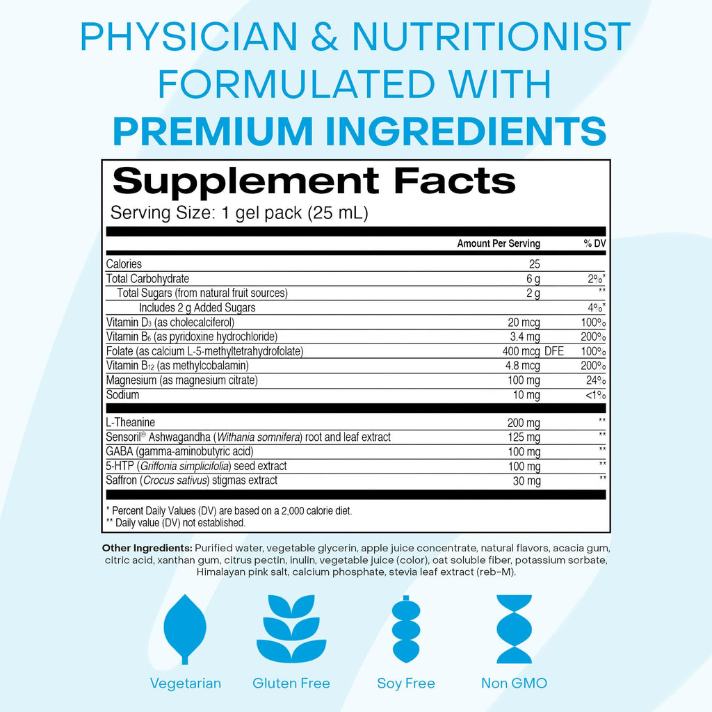 Healthycell Calm Mood Daily Liquid Supplement - Cortisol Manager & Mood Support Supplement for Stress with Ashwagandha, L-Theanine, Magnesium, 5-HTP, GABA & Saffron - 14 Gel Packs - Maple Wellness Supplements