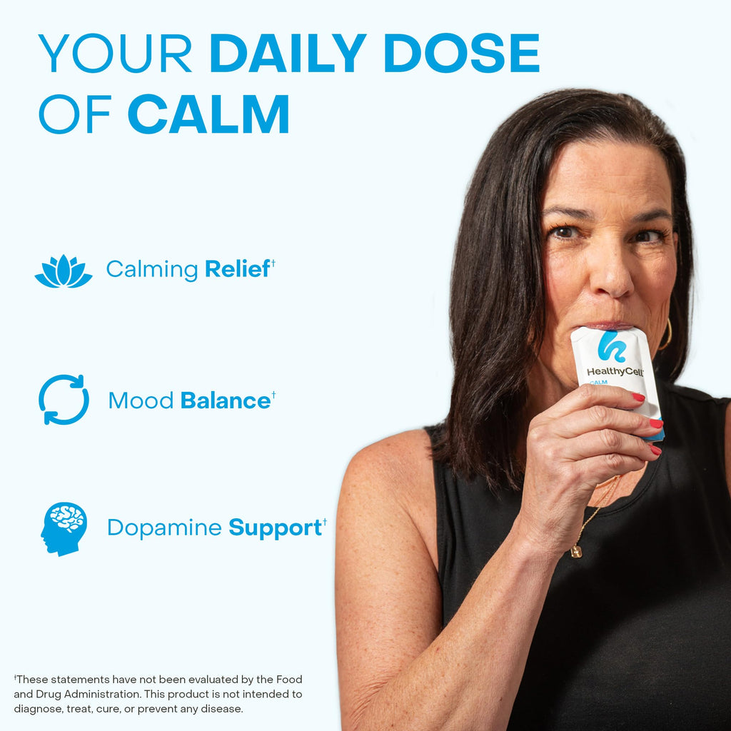 Healthycell Calm Mood Daily Liquid Supplement - Cortisol Manager & Mood Support Supplement for Stress with Ashwagandha, L-Theanine, Magnesium, 5-HTP, GABA & Saffron - 14 Gel Packs - Maple Wellness Supplements