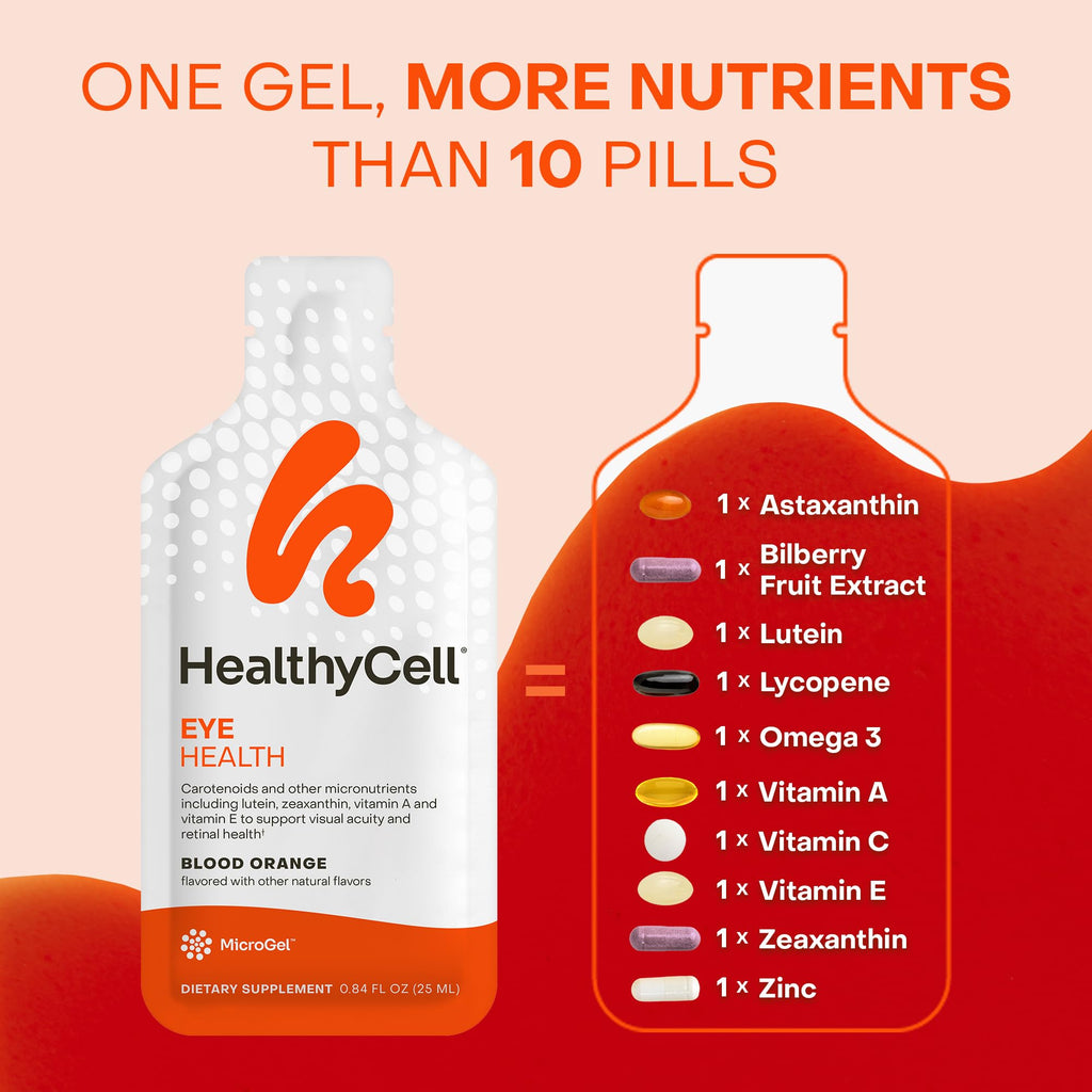 Healthycell Eye Health Daily Liquid Supplement - Eye Vitamins & Minerals with Lutein, Zeaxanthin, Astaxanthin & Beta Carotene for Sight Care & Macular Support - 30 Gel Packs - TrustMedUSA