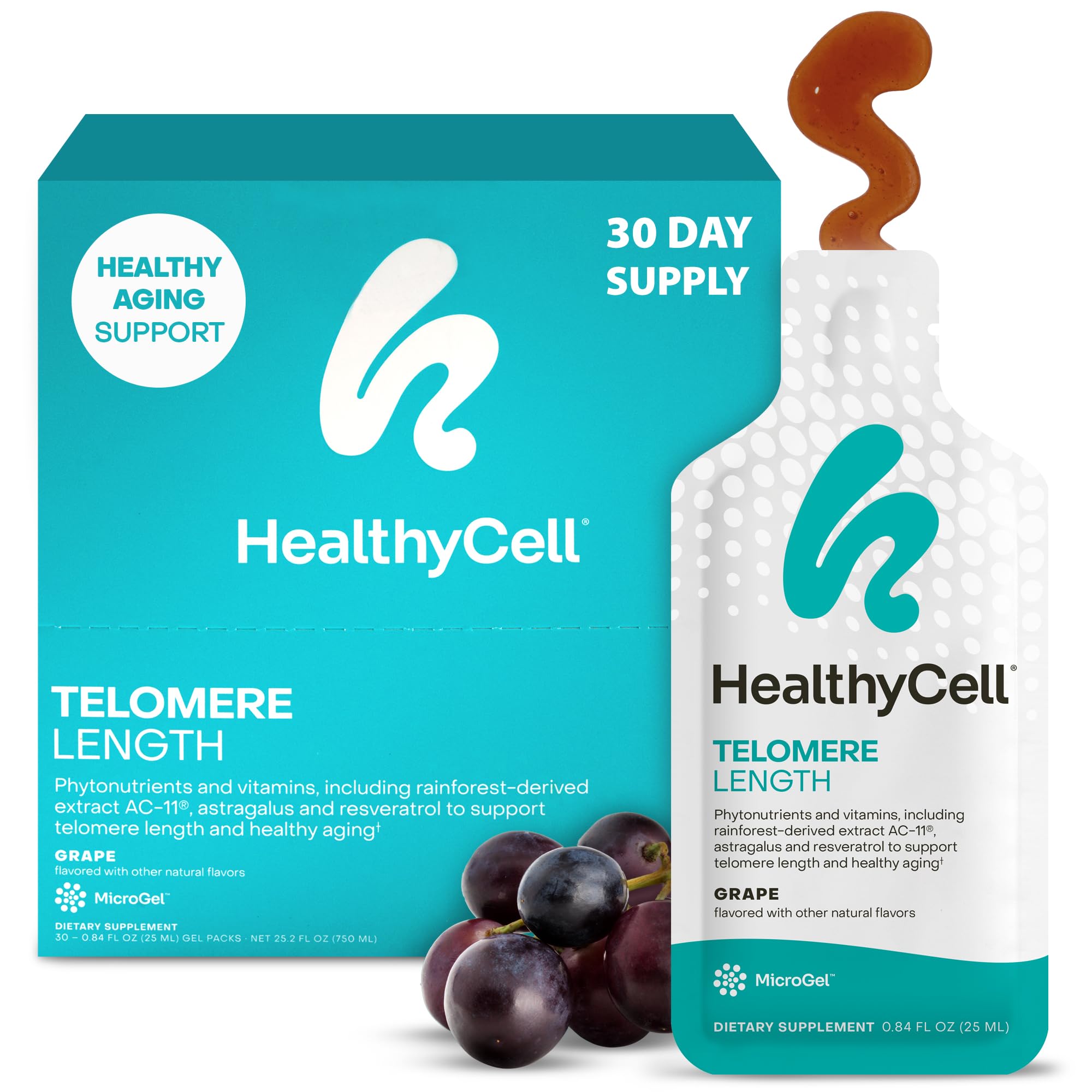 HealthyCell Telomere Length Supplement - Anti-Aging Telomere Lengthening Supplements with Phytonutrients & Vitamins for Cellular Health - AC-11, Astragalus & Resveratrol - 30 Gel Packs, Grape Flavored - TrustMedUSA