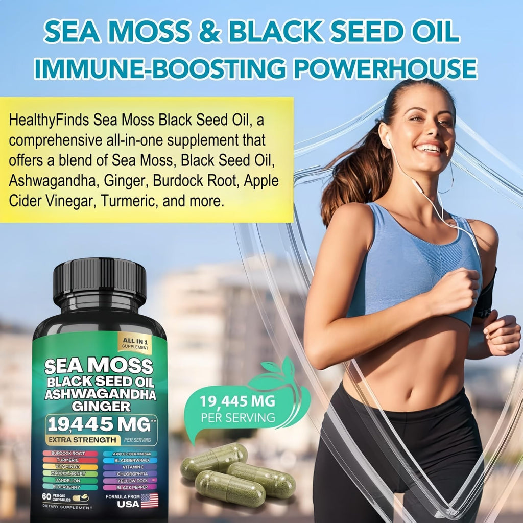 HealthyFinds Sea Moss Black Seed Oil Ashwagandha Ginger Capsules with Turmeric Bladderwrack Burdock & Vitamin C Vitamin D3 with Elderberry Manuka Dandelion Yellow Dock Iodine Chlorophyll ACV - TrustMedUSA