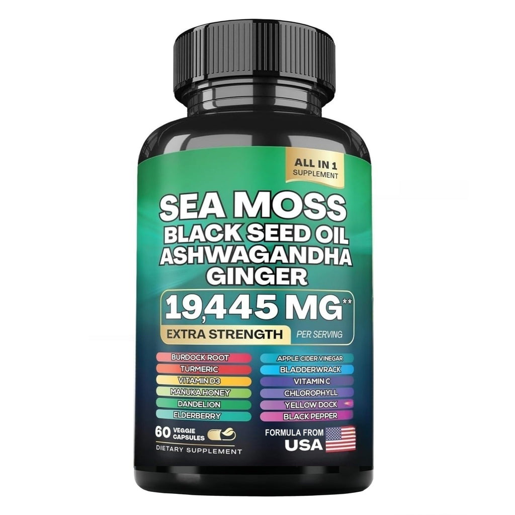 HealthyFinds Sea Moss Black Seed Oil Ashwagandha Ginger Capsules with Turmeric Bladderwrack Burdock & Vitamin C Vitamin D3 with Elderberry Manuka Dandelion Yellow Dock Iodine Chlorophyll ACV - TrustMedUSA