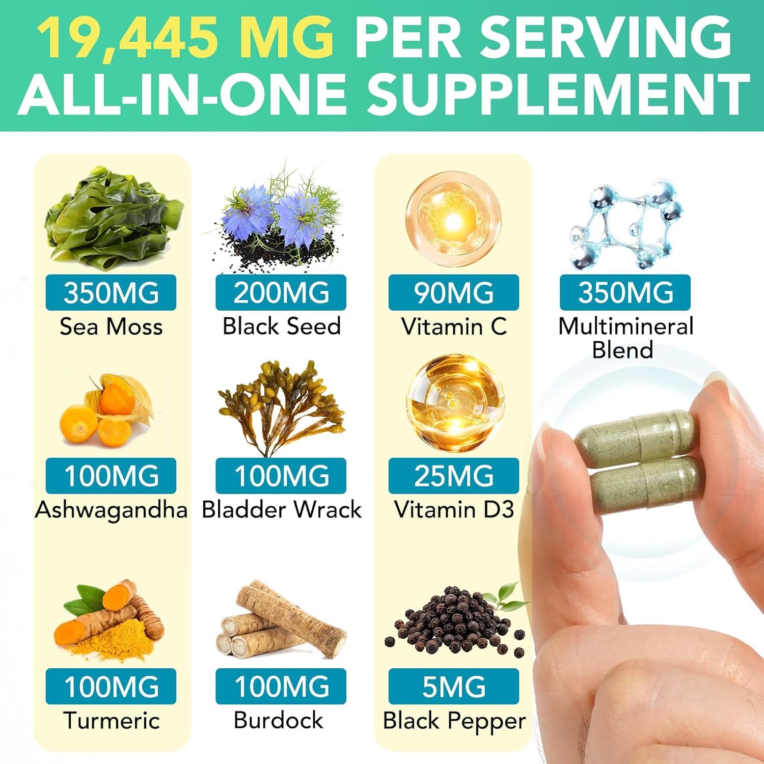HealthyFinds Sea Moss Black Seed Oil Ashwagandha Ginger Capsules with Turmeric Bladderwrack Burdock & Vitamin C Vitamin D3 with Elderberry Manuka Dandelion Yellow Dock Iodine Chlorophyll ACV - TrustMedUSA