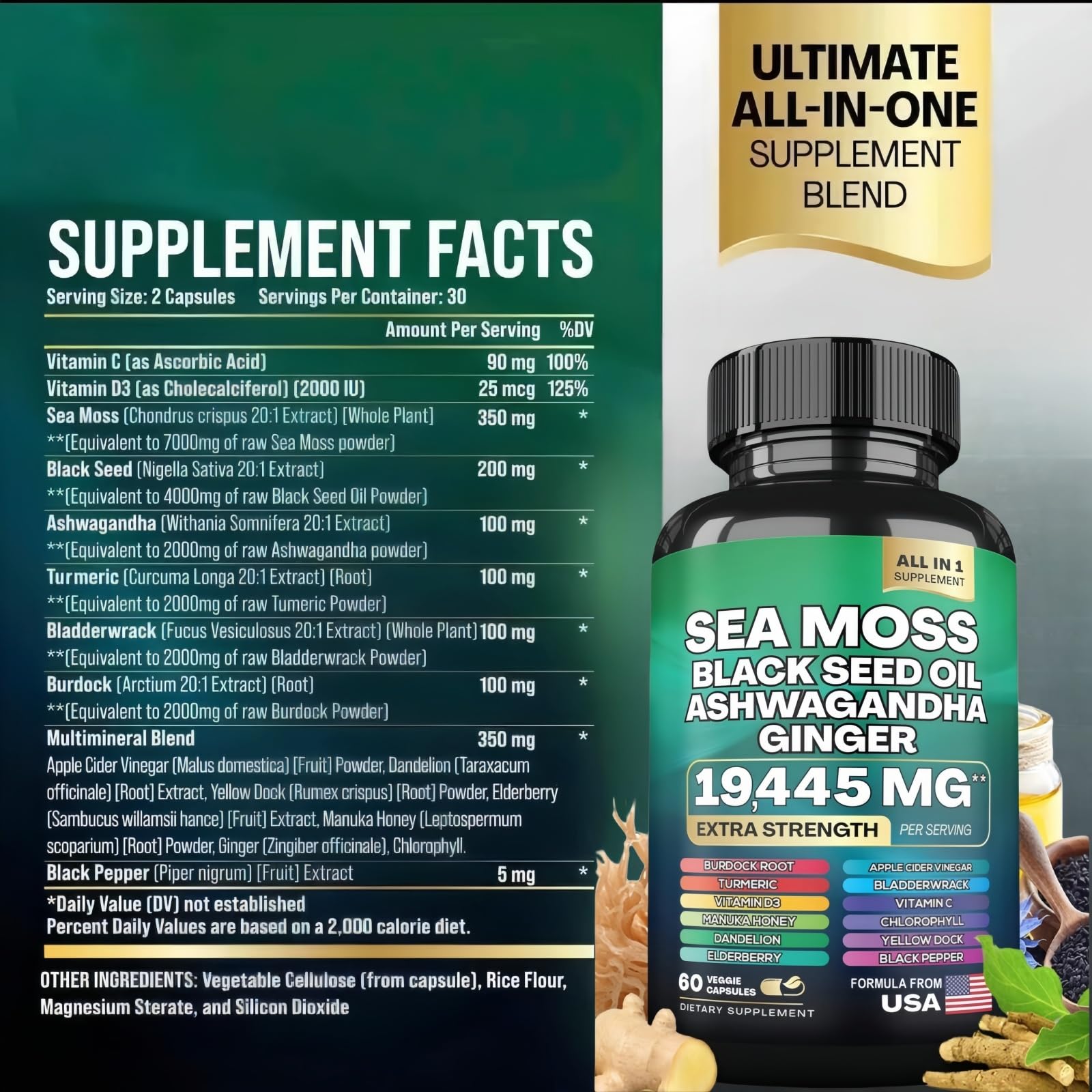 HealthyFinds Sea Moss Black Seed Oil Ashwagandha Ginger Capsules with Turmeric Bladderwrack Burdock & Vitamin C Vitamin D3 with Elderberry Manuka Dandelion Yellow Dock Iodine Chlorophyll ACV - TrustMedUSA
