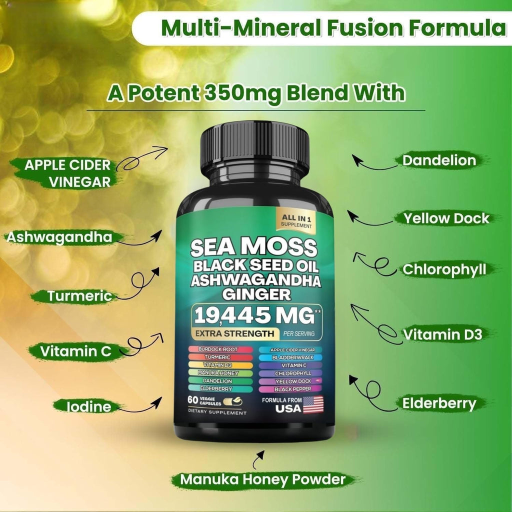 HealthyFinds Sea Moss Black Seed Oil Ashwagandha Ginger Capsules with Turmeric Bladderwrack Burdock & Vitamin C Vitamin D3 with Elderberry Manuka Dandelion Yellow Dock Iodine Chlorophyll ACV - TrustMedUSA
