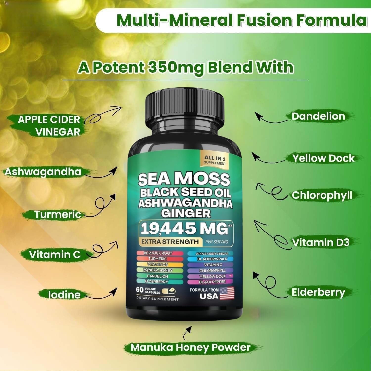 HealthyFinds Sea Moss Black Seed Oil Ashwagandha Ginger Capsules with Turmeric Bladderwrack Burdock & Vitamin C Vitamin D3 with Elderberry Manuka Dandelion Yellow Dock Iodine Chlorophyll ACV - TrustMedUSA