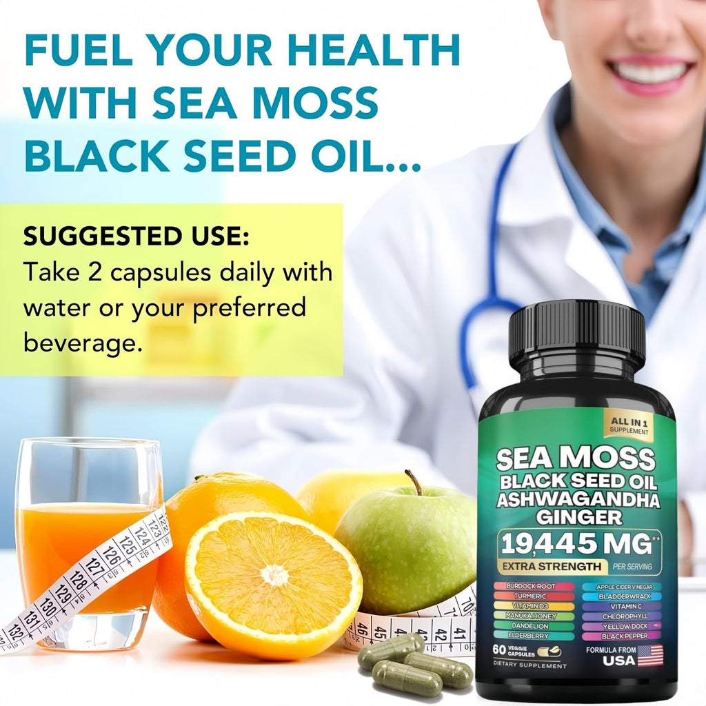 HealthyFinds Sea Moss Black Seed Oil Ashwagandha Ginger Capsules with Turmeric Bladderwrack Burdock & Vitamin C Vitamin D3 with Elderberry Manuka Dandelion Yellow Dock Iodine Chlorophyll ACV - TrustMedUSA