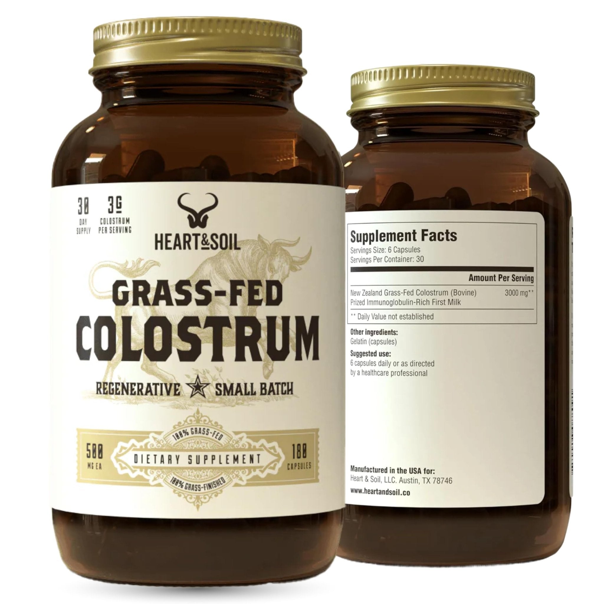 HEART & SOIL 100% Grass Fed & Finished Colostrum Supplement from Regenerative Cattle for Gut, Muscle & Immune Health – 3000mg Bovine Colostrum Capsules - Gut Health for Men & Women –180 Capsules - TrustMedUSA