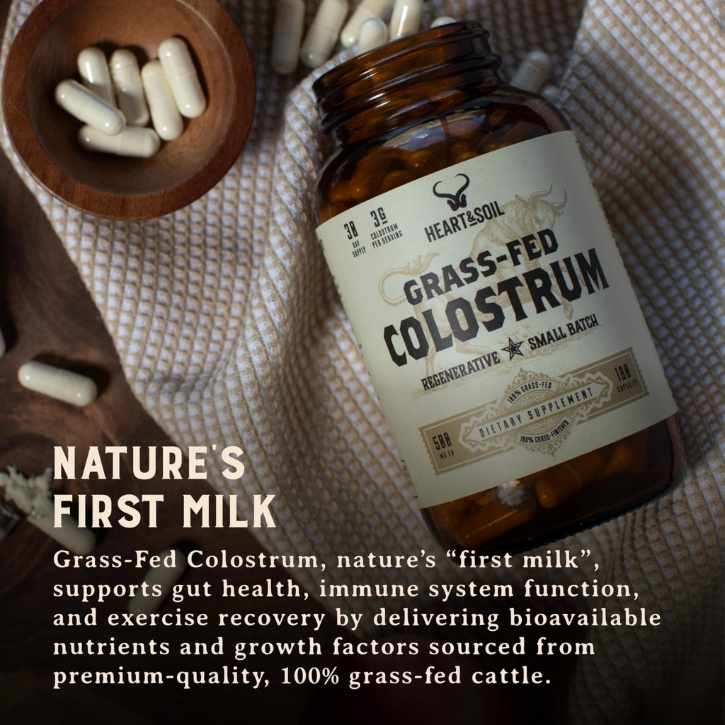 HEART & SOIL 100% Grass Fed & Finished Colostrum Supplement from Regenerative Cattle for Gut, Muscle & Immune Health – 3000mg Bovine Colostrum Capsules - Gut Health for Men & Women –180 Capsules - TrustMedUSA
