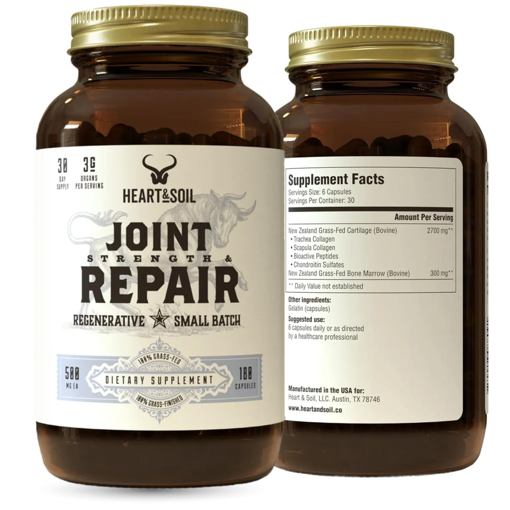 Heart & Soil 100% Grass Fed & Finished Joint Support Supplement from Regenerative Cattle with Trachea, Scapula & Bone Marrow – Supports Joint Strength & Mobility – 3000mg – Glass Bottle – 180 Capsules - TrustMedUSA
