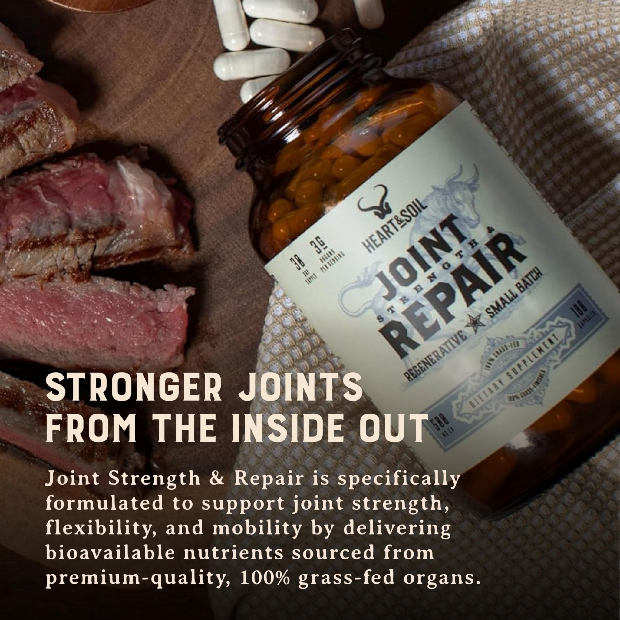 Heart & Soil 100% Grass Fed & Finished Joint Support Supplement from Regenerative Cattle with Trachea, Scapula & Bone Marrow – Supports Joint Strength & Mobility – 3000mg – Glass Bottle – 180 Capsules - TrustMedUSA
