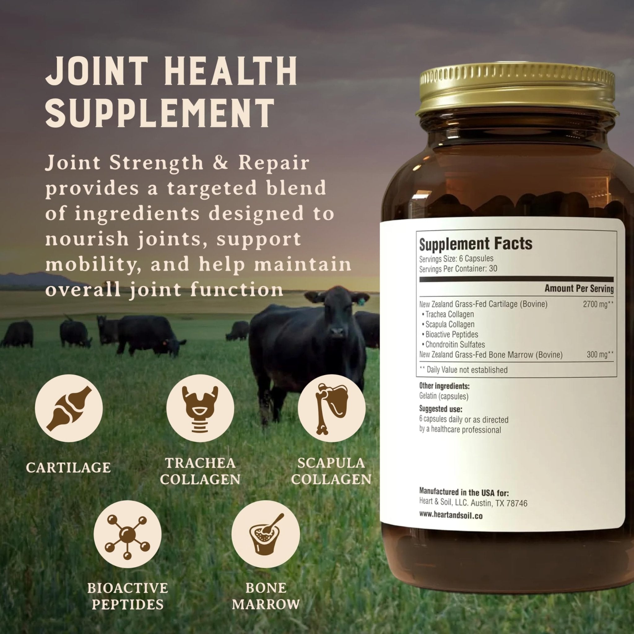 Heart & Soil 100% Grass Fed & Finished Joint Support Supplement from Regenerative Cattle with Trachea, Scapula & Bone Marrow – Supports Joint Strength & Mobility – 3000mg – Glass Bottle – 180 Capsules - TrustMedUSA
