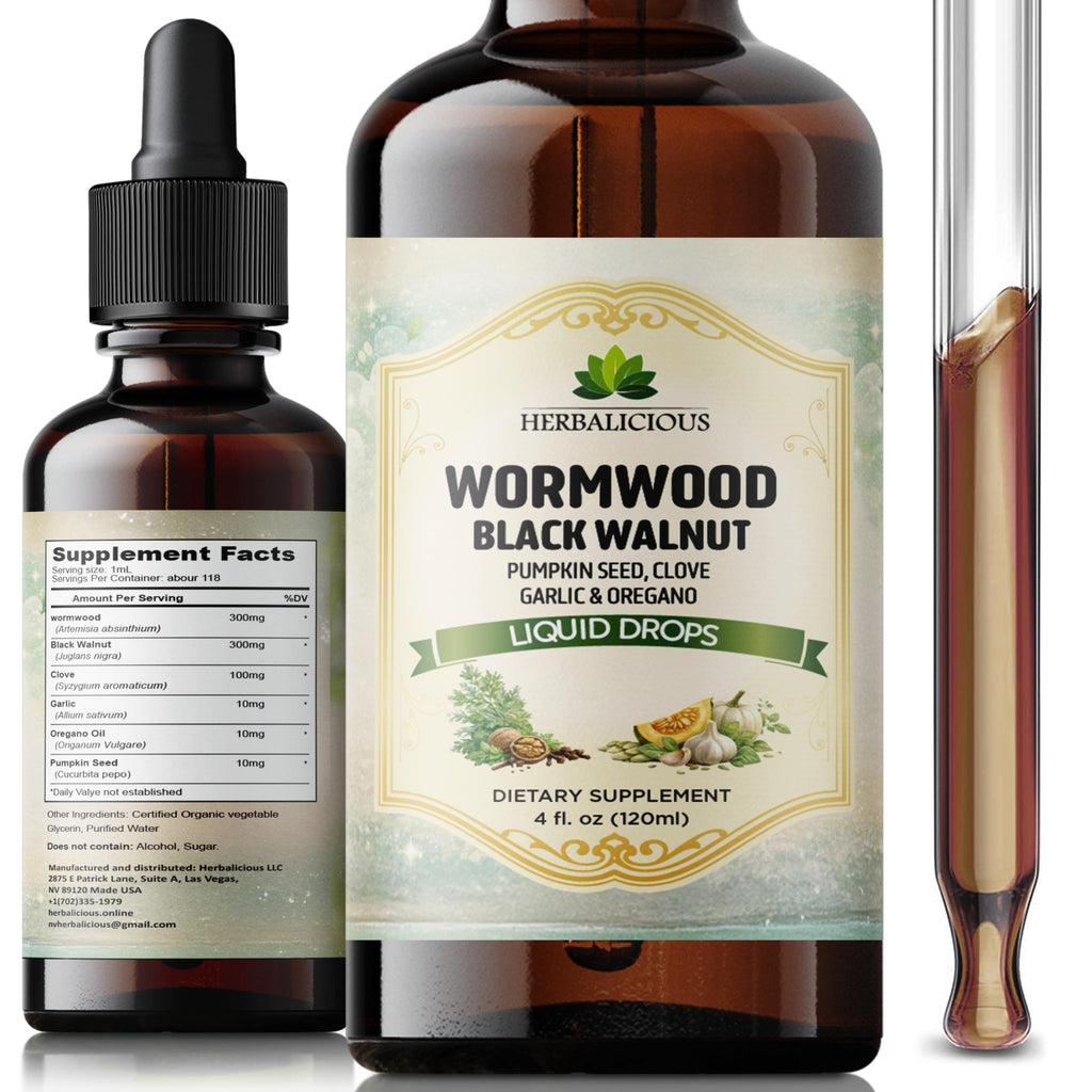 HEBRALICIOUS Wormwood Black Walnut Liquid Drops – Herbal Blend with Pumpkin Seed, Clove, Garlic & Oregano Oil – Alcohol Free Herbal Tincture – Liquid Dietary Supplement, 4 fl oz (120ml) - TrustMedUSA