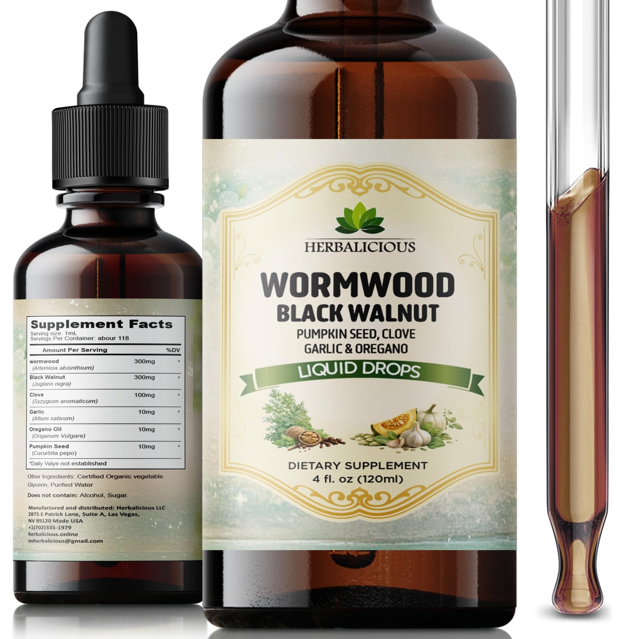 HEBRALICIOUS Wormwood Black Walnut Liquid Drops – Herbal Blend with Pumpkin Seed, Clove, Garlic & Oregano Oil – Alcohol Free Herbal Tincture – Liquid Dietary Supplement, 4 fl oz (120ml) - TrustMedUSA
