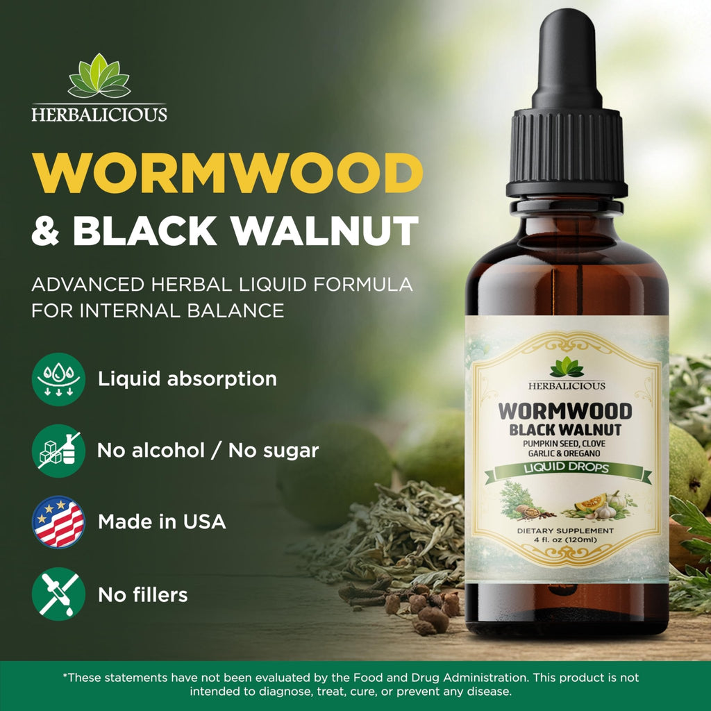 HEBRALICIOUS Wormwood Black Walnut Liquid Drops – Herbal Blend with Pumpkin Seed, Clove, Garlic & Oregano Oil – Alcohol Free Herbal Tincture – Liquid Dietary Supplement, 4 fl oz (120ml) - TrustMedUSA