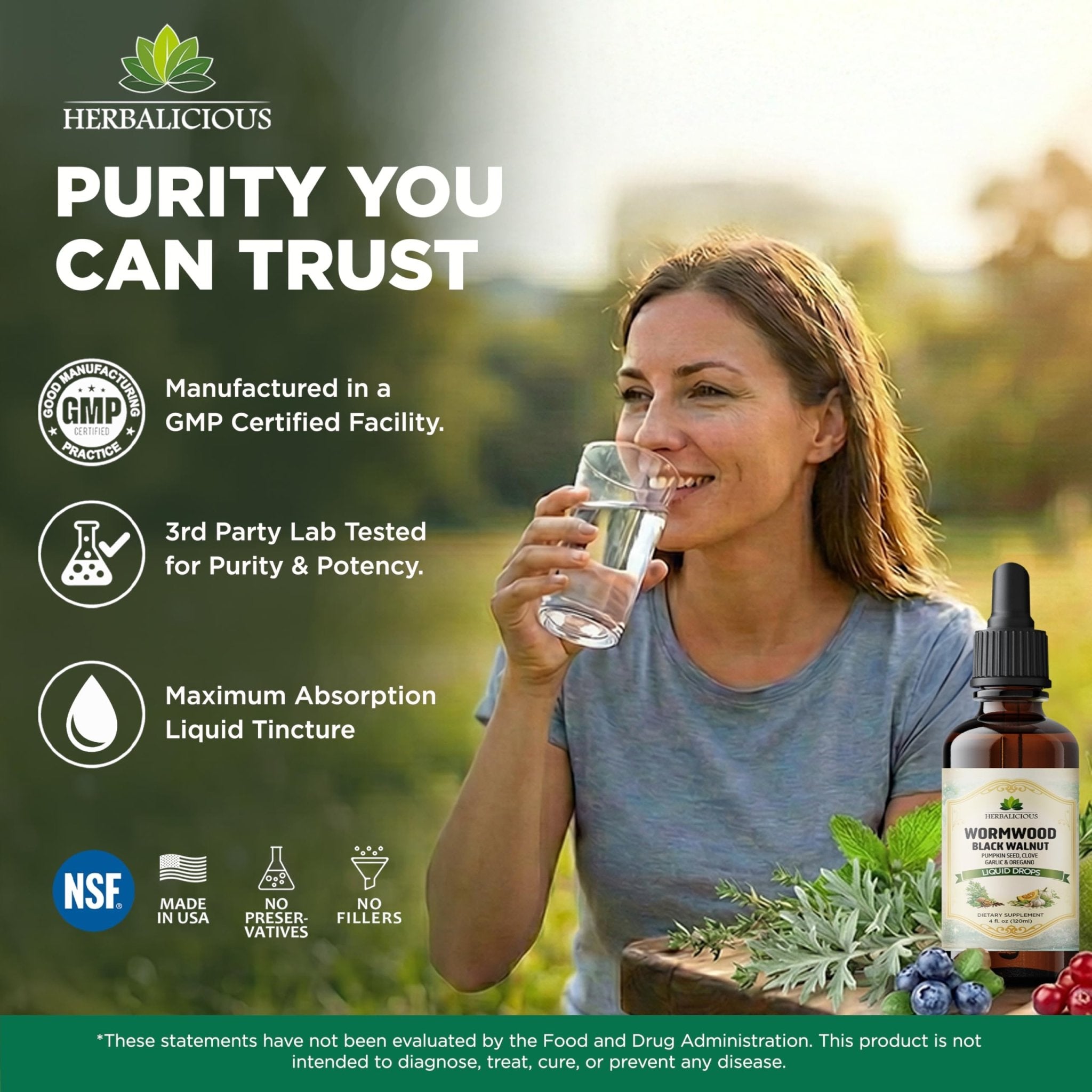 HEBRALICIOUS Wormwood Black Walnut Liquid Drops – Herbal Blend with Pumpkin Seed, Clove, Garlic & Oregano Oil – Alcohol Free Herbal Tincture – Liquid Dietary Supplement, 4 fl oz (120ml) - TrustMedUSA
