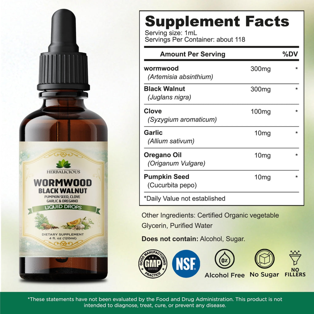 HEBRALICIOUS Wormwood Black Walnut Liquid Drops – Herbal Blend with Pumpkin Seed, Clove, Garlic & Oregano Oil – Alcohol Free Herbal Tincture – Liquid Dietary Supplement, 4 fl oz (120ml) - TrustMedUSA