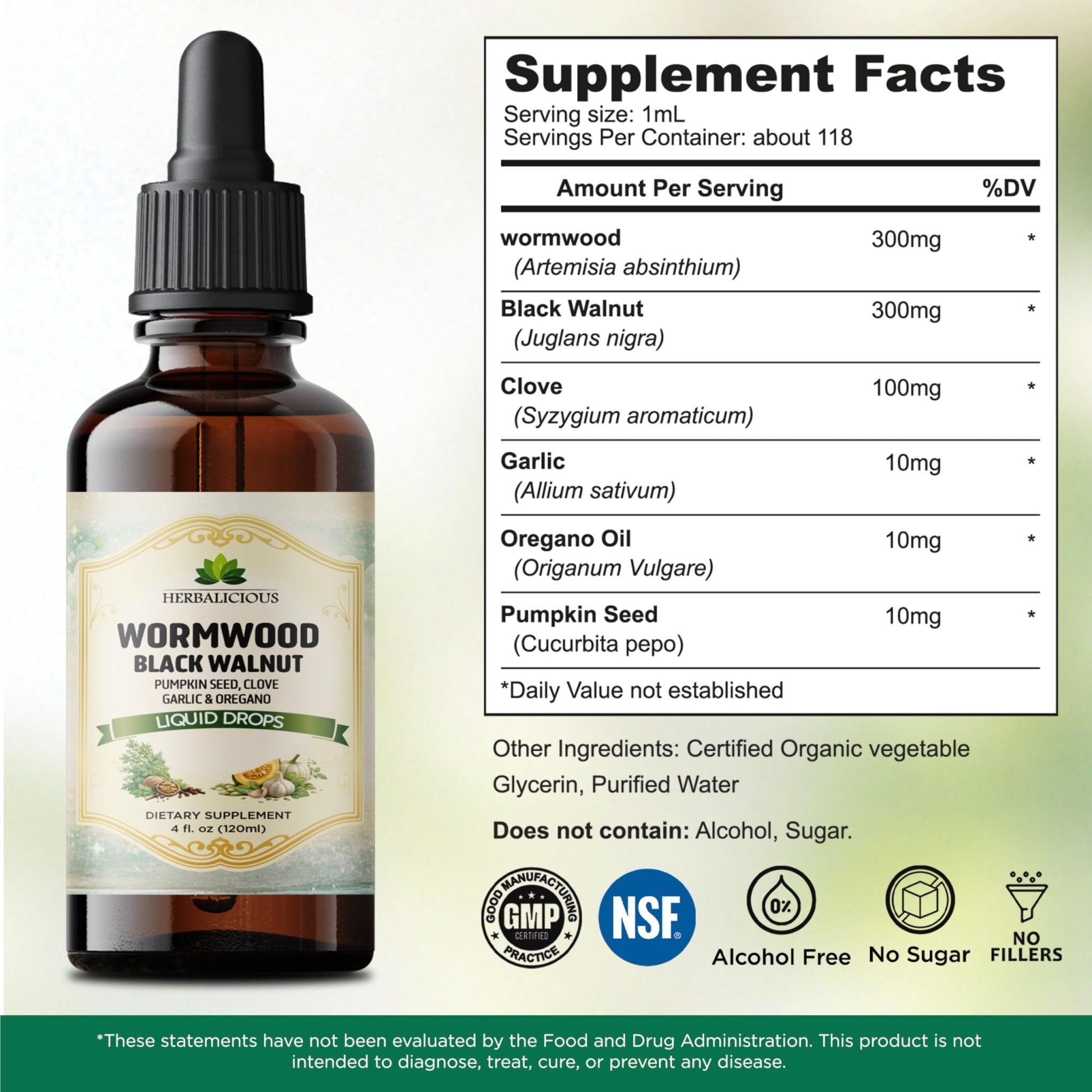 HEBRALICIOUS Wormwood Black Walnut Liquid Drops – Herbal Blend with Pumpkin Seed, Clove, Garlic & Oregano Oil – Alcohol Free Herbal Tincture – Liquid Dietary Supplement, 4 fl oz (120ml) - TrustMedUSA