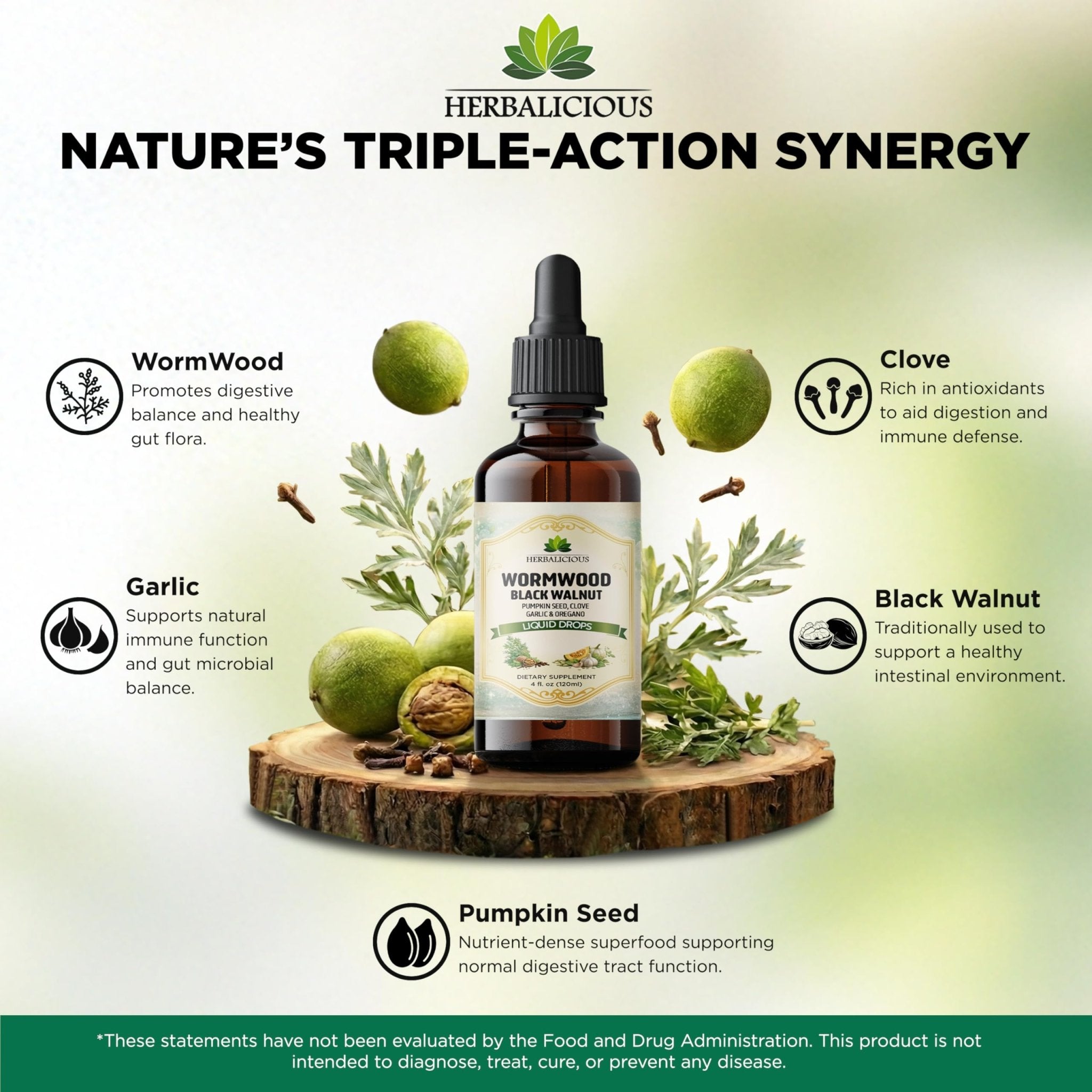 HEBRALICIOUS Wormwood Black Walnut Liquid Drops – Herbal Blend with Pumpkin Seed, Clove, Garlic & Oregano Oil – Alcohol Free Herbal Tincture – Liquid Dietary Supplement, 4 fl oz (120ml) - TrustMedUSA