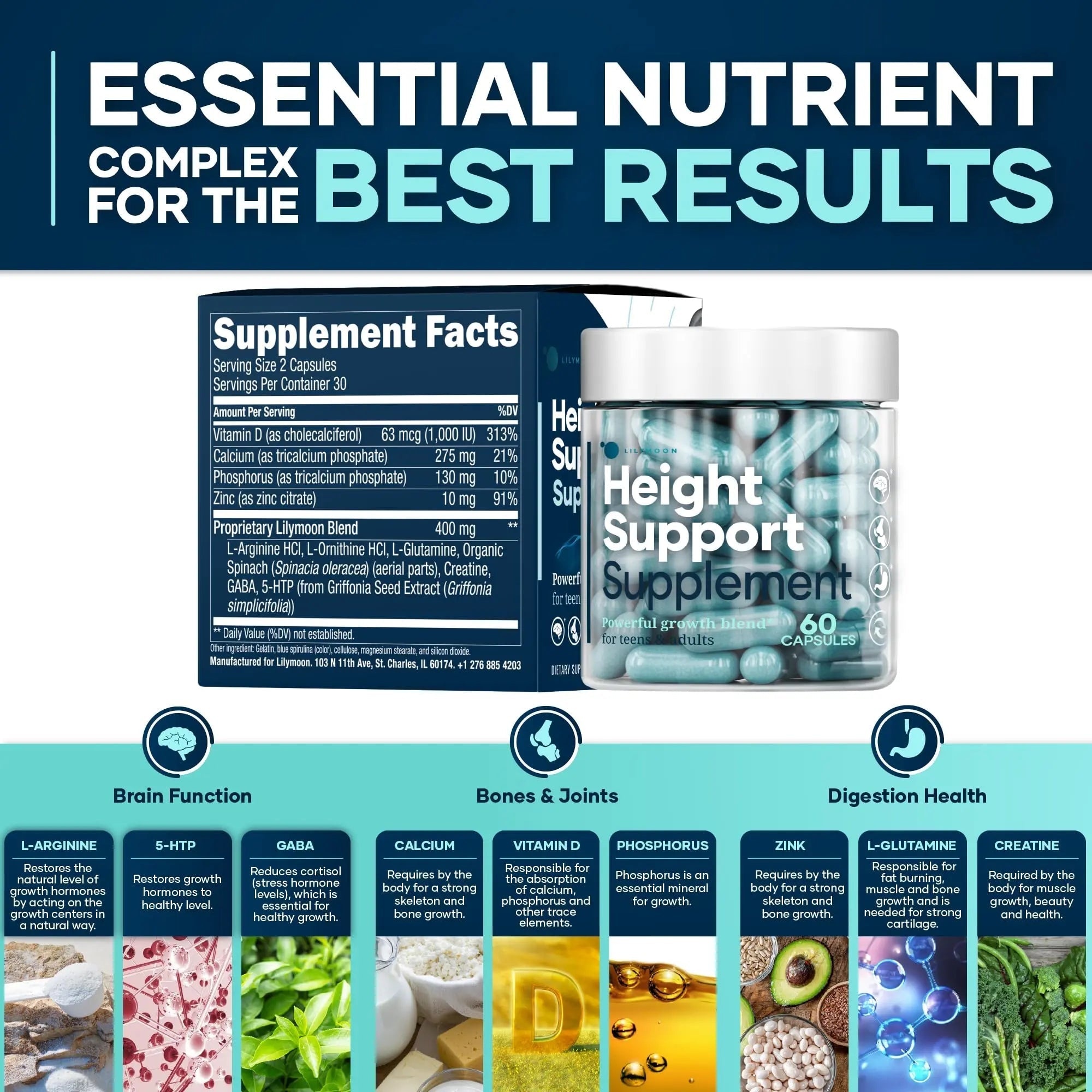 Height & Bone Support Supplement - Premium Height Growth Supplement for Kids & Teens with Calcium - Nutritional Support Bone Health Formula - Height Increase Essential Vitamins - 60 Caps - TrustMedUSA