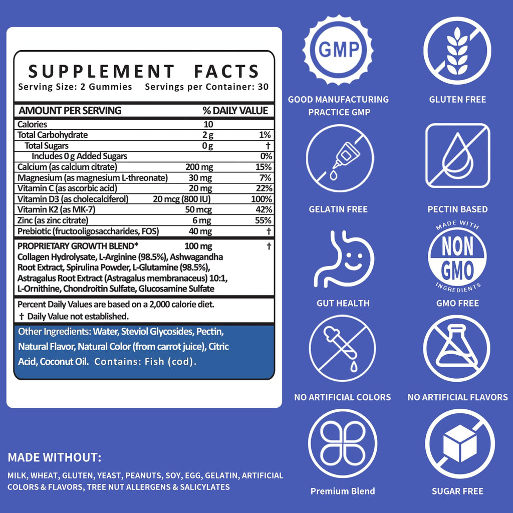 Height Growth Gummies for Kids & Teens – Sugar Free – Calcium, Prebiotic FOS, Magnesium, Vitamin D3, K2, Zinc, Ashwagandha – Bone Strength, Gut Health & Height Support Multivitamin – Strawberry Flavor - TrustMedUSA