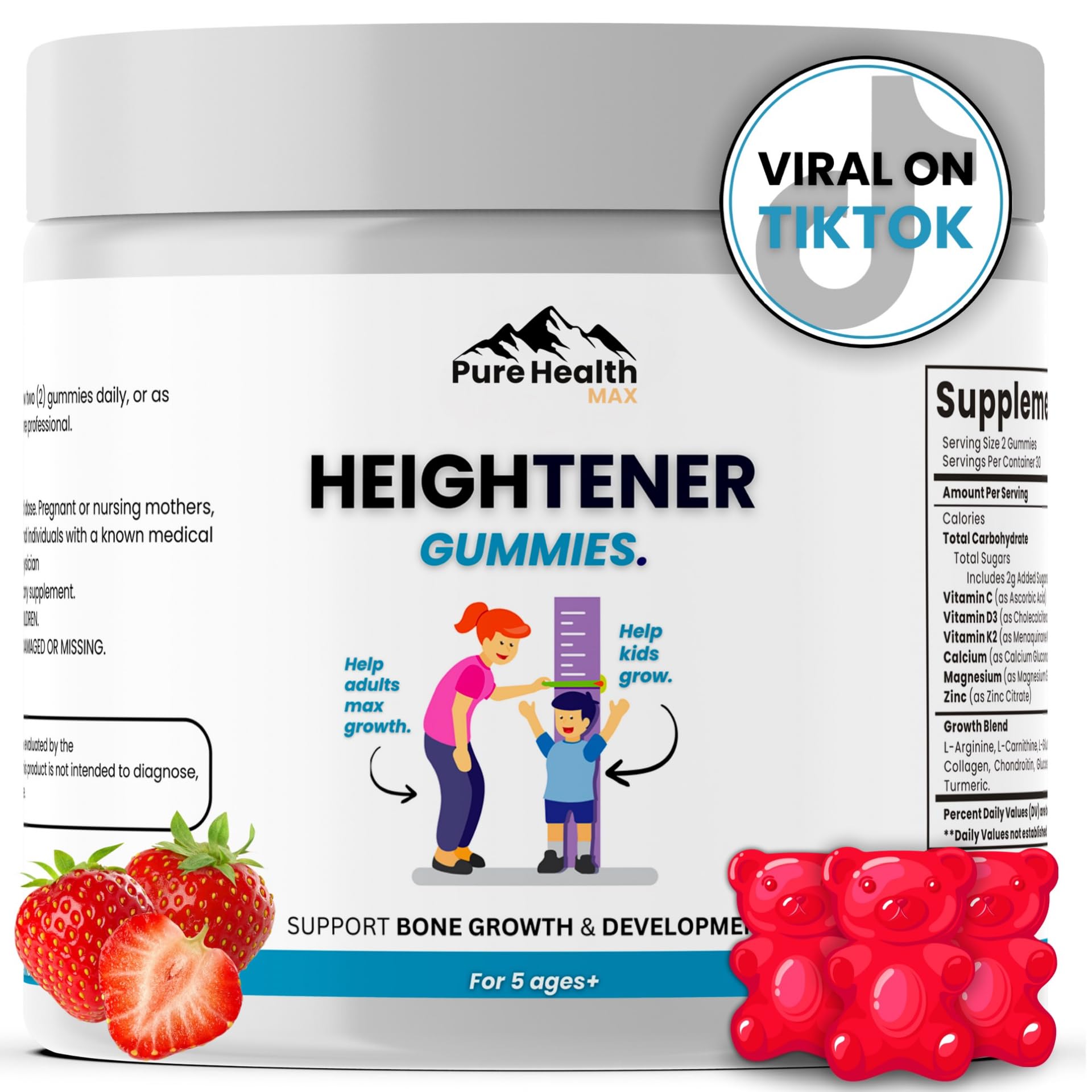Heightener Gummies - Natural Height Growth Supplement for Kids, Teens and Adults to Increase Bone Strength and Grow Tall | Height Maximizer Pills with L-Arginine, Calcium & Zinc | 60 Gummy - TrustMedUSA