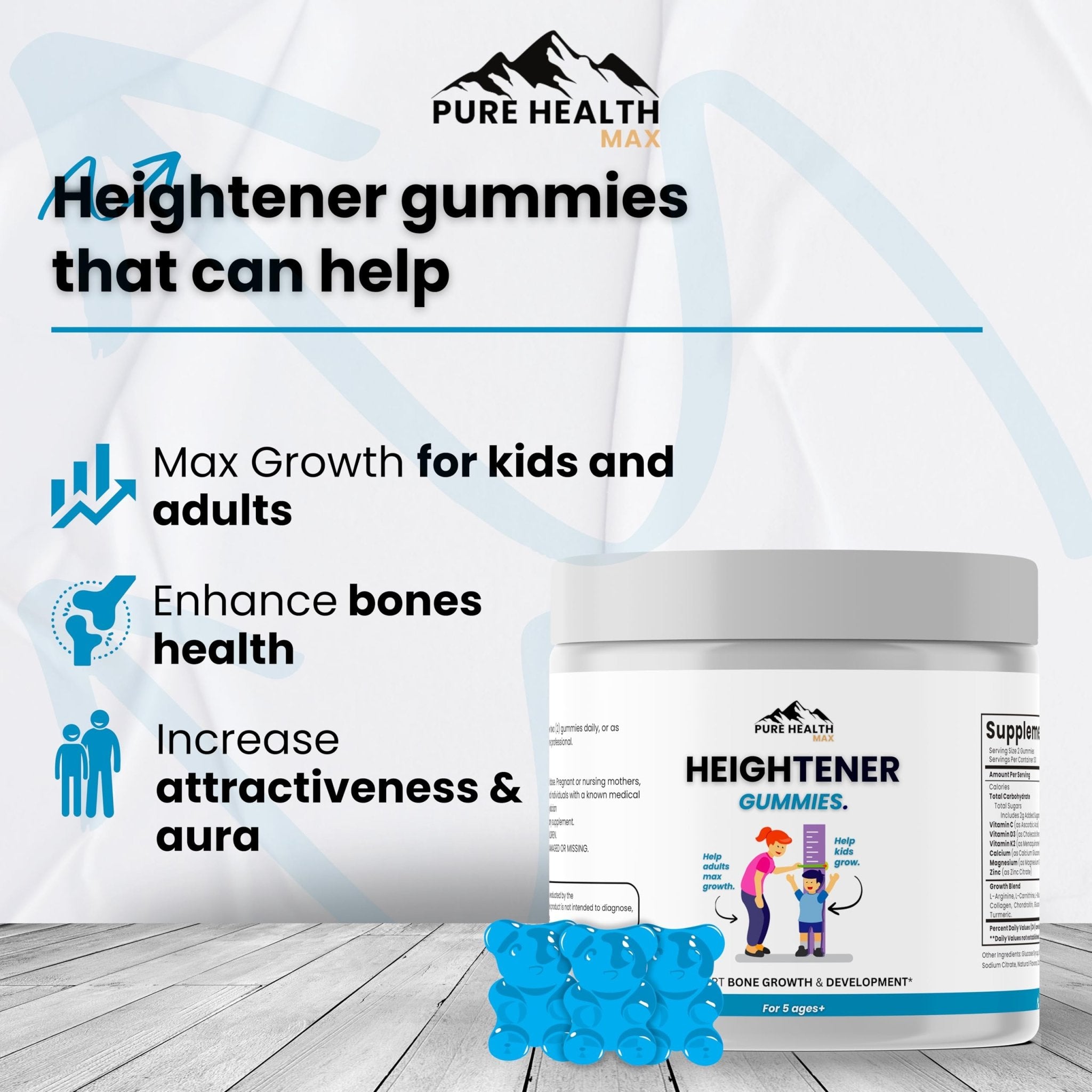 Heightener Gummies - Natural Height Growth Supplement for Kids, Teens and Adults to Increase Bone Strength and Grow Tall | Height Maximizer Pills with L-Arginine, Calcium & Zinc | 60 Gummy - TrustMedUSA