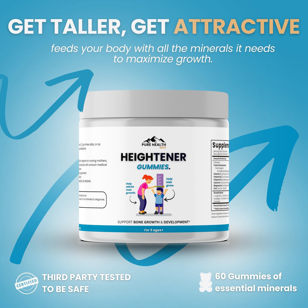 Heightener Gummies - Natural Height Growth Supplement for Kids, Teens and Adults to Increase Bone Strength and Grow Tall | Height Maximizer Pills with L-Arginine, Calcium & Zinc | 60 Gummy - TrustMedUSA