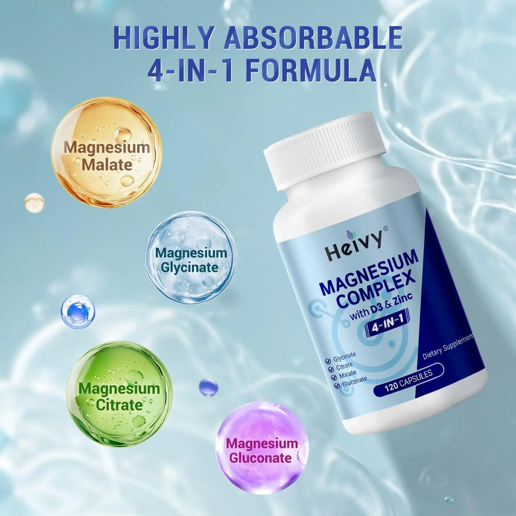 Heivy 4 in 1 Magnesium Complex with Zinc & Vitamin D3, 320mg Elemental Magnesium (Glycinate/Citrate/Gluconate/Malate), 120 Capsules (4 Months Supply), Vegan, Non-GMO, Gluten-Free, 3rd Party Tested - TrustMedUSA