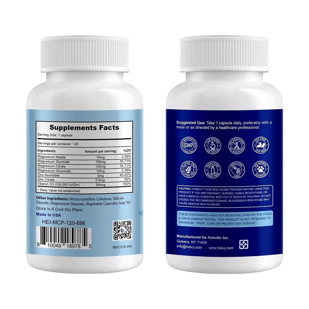 Heivy 4 in 1 Magnesium Complex with Zinc & Vitamin D3, 320mg Elemental Magnesium (Glycinate/Citrate/Gluconate/Malate), 120 Capsules (4 Months Supply), Vegan, Non-GMO, Gluten-Free, 3rd Party Tested - TrustMedUSA