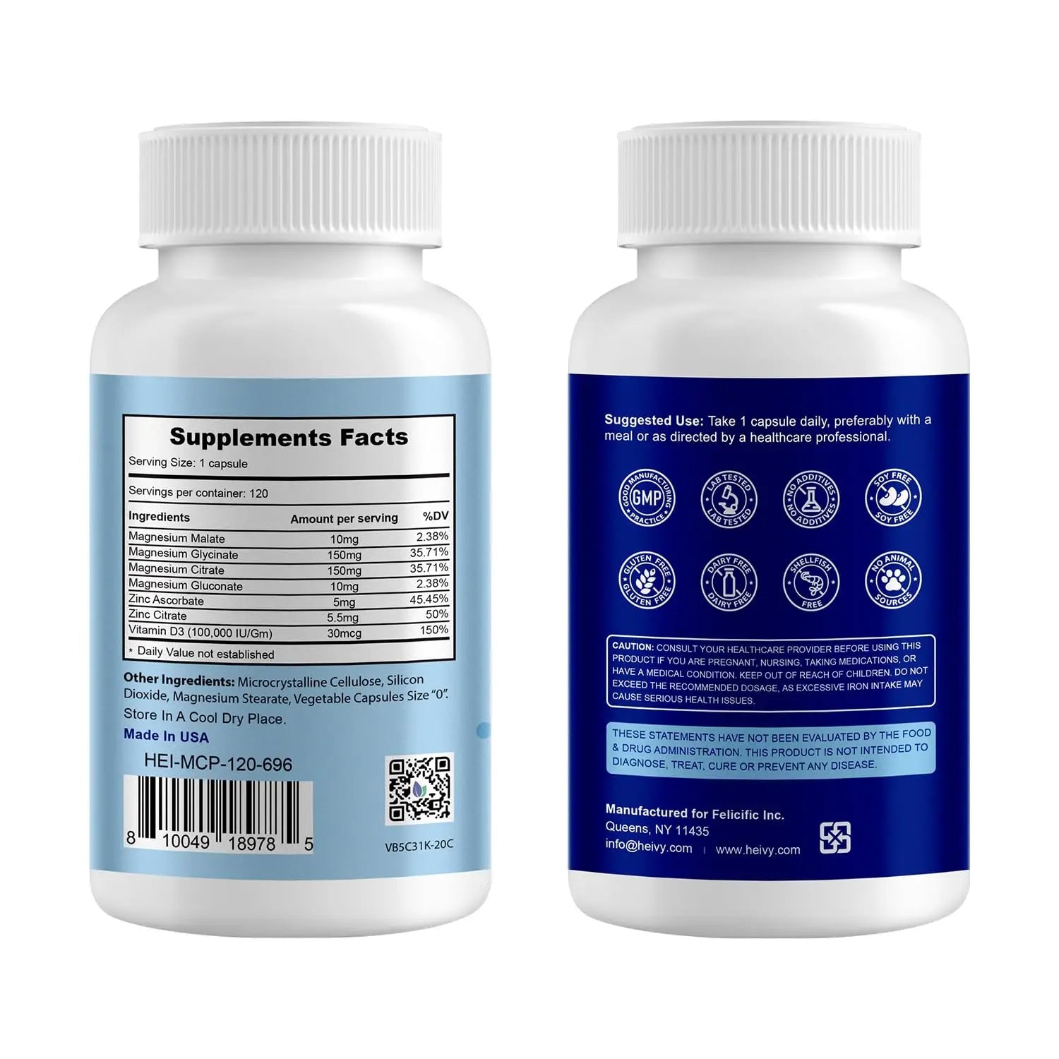 Heivy 4 in 1 Magnesium Complex with Zinc & Vitamin D3, 320mg Elemental Magnesium (Glycinate/Citrate/Gluconate/Malate), 120 Capsules (4 Months Supply), Vegan, Non-GMO, Gluten-Free, 3rd Party Tested - TrustMedUSA