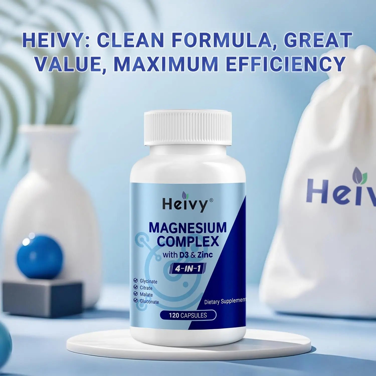 Heivy 4 in 1 Magnesium Complex with Zinc & Vitamin D3, 320mg Elemental Magnesium (Glycinate/Citrate/Gluconate/Malate), 120 Capsules (4 Months Supply), Vegan, Non-GMO, Gluten-Free, 3rd Party Tested - TrustMedUSA