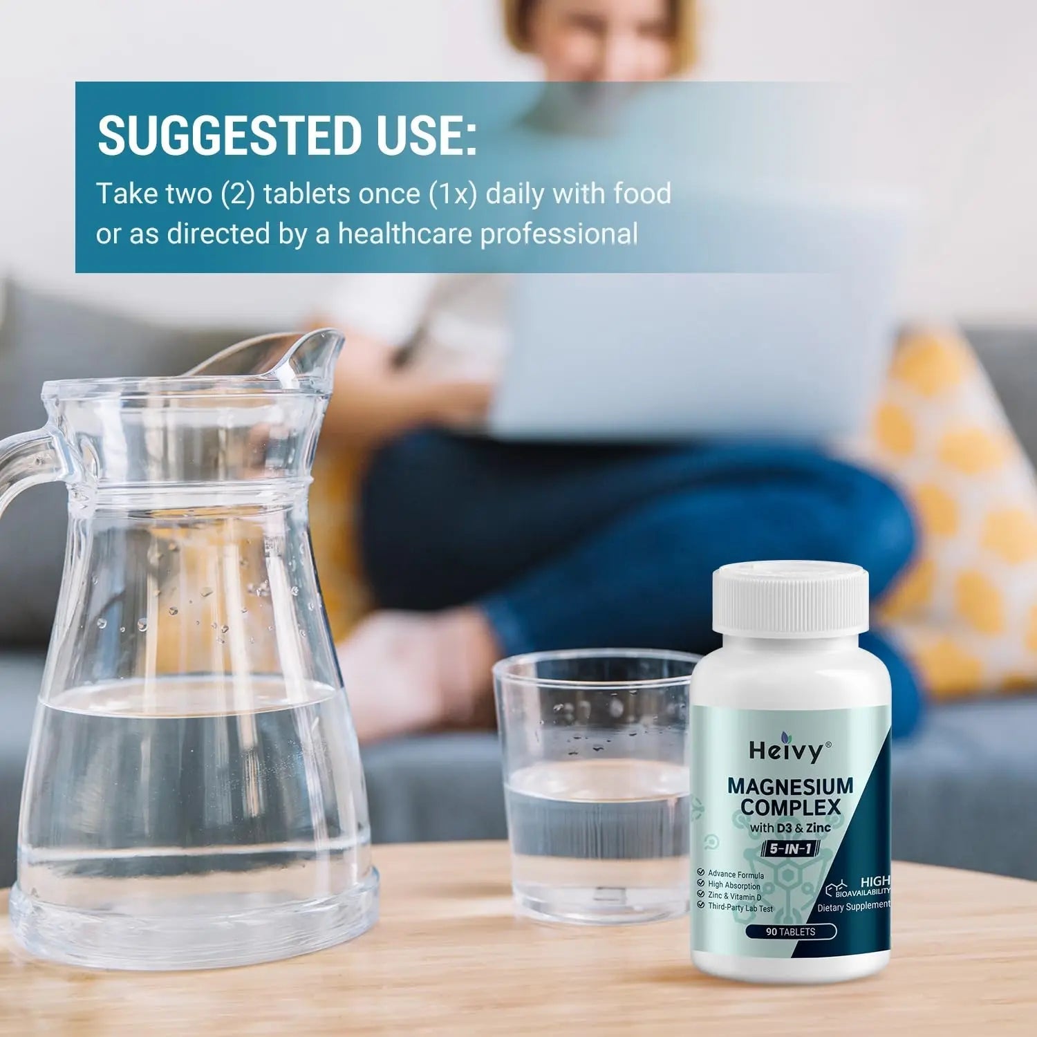Heivy Magnesium Complex, Magnesium Glycinate, Citrate, Malate, Oxide, Gluconate with Zinc and Vitamin D3, Magnesium Supplement for Muscle, Nerve, Heart, Bone Support, High Absorption, 90 Tablets - TrustMedUSA