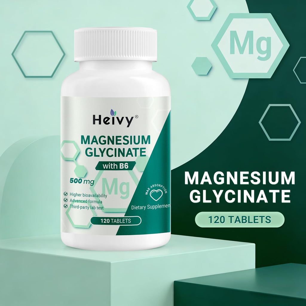 Heivy Pure Magnesium Glycinate 500mg with Vitamin B6, 100% Chelated & Purified Supports Nerve Relife, Sleep Aid & Muscle Support, Vegan & Non-GMO, Made in USA, 3rd Party Tested, 120 Tablets - TrustMedUSA