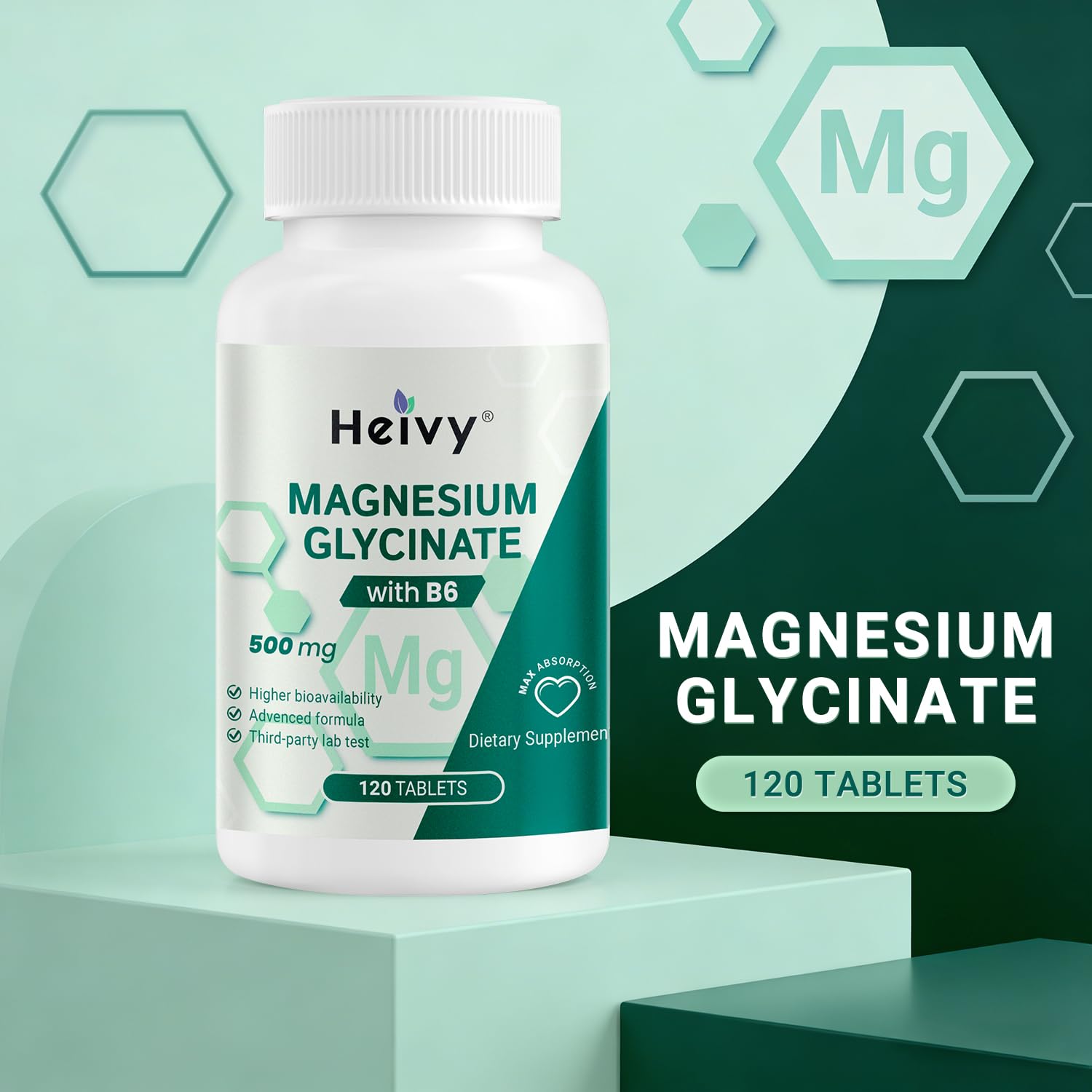 Heivy Pure Magnesium Glycinate 500mg with Vitamin B6, 100% Chelated & Purified Supports Nerve Relife, Sleep Aid & Muscle Support, Vegan & Non-GMO, Made in USA, 3rd Party Tested, 120 Tablets - TrustMedUSA