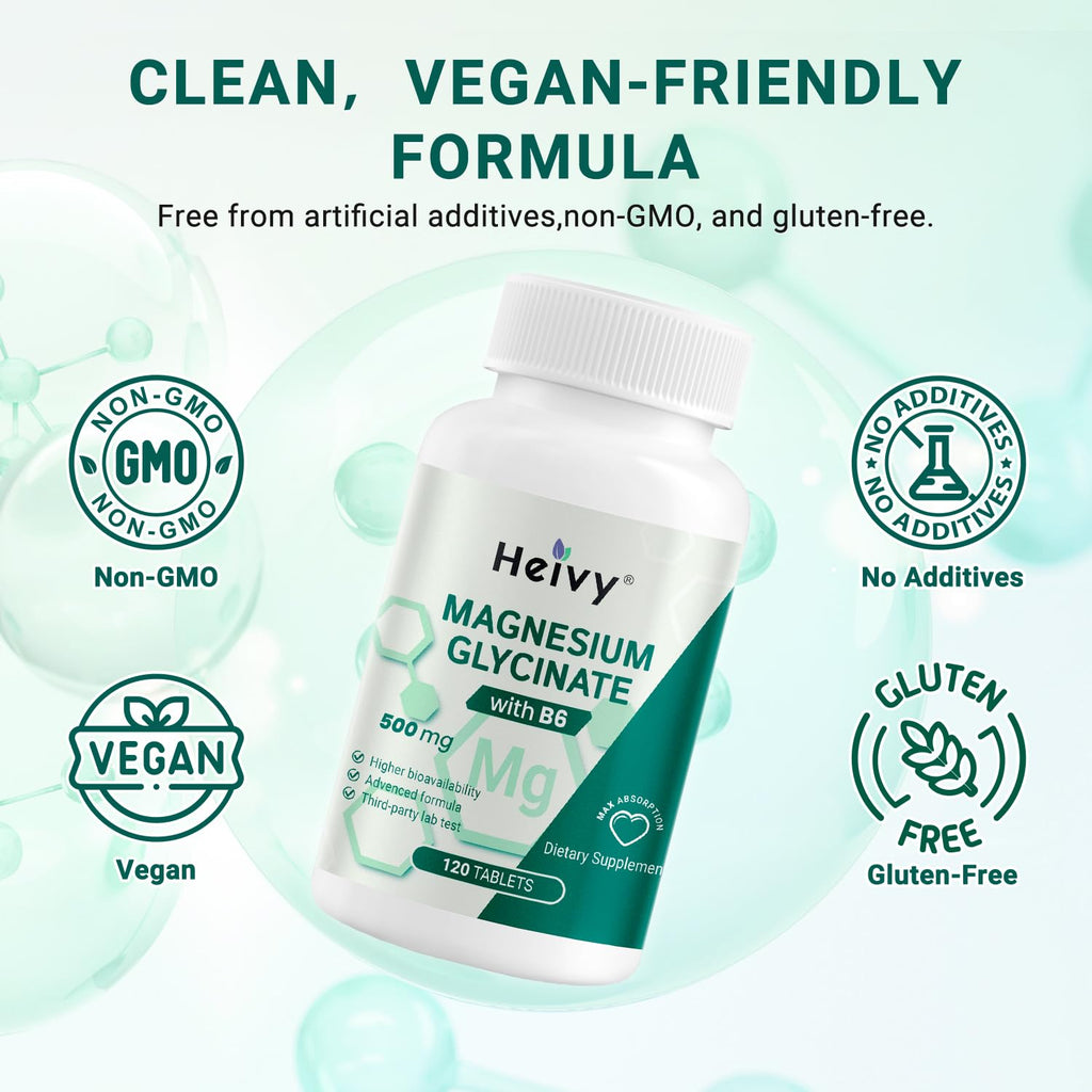 Heivy Pure Magnesium Glycinate 500mg with Vitamin B6, 100% Chelated & Purified Supports Nerve Relife, Sleep Aid & Muscle Support, Vegan & Non-GMO, Made in USA, 3rd Party Tested, 120 Tablets - TrustMedUSA