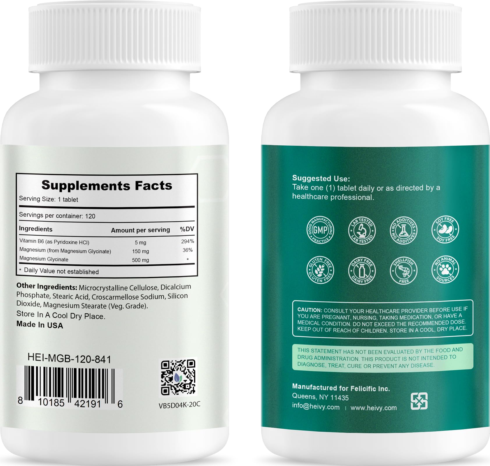 Heivy Pure Magnesium Glycinate 500mg with Vitamin B6, 100% Chelated & Purified Supports Nerve Relife, Sleep Aid & Muscle Support, Vegan & Non-GMO, Made in USA, 3rd Party Tested, 120 Tablets - TrustMedUSA