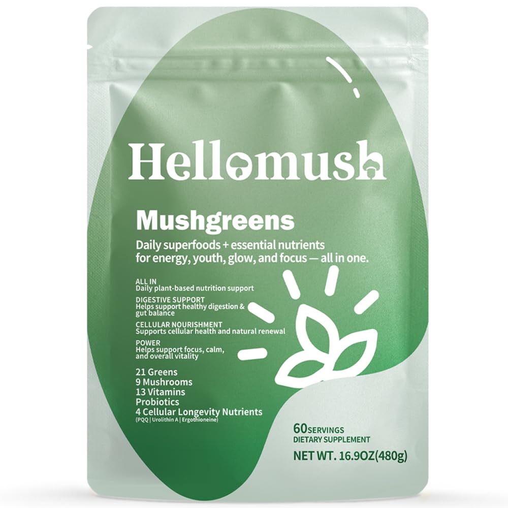 Hellomush Super Greens Powder Superfood, Daily Green Powder Supplement with Probiotics Drink Mix for Men & Women, Blend of Greens, Mushrooms, Vitamins, Probiotics and Cellular Nutrients - TrustMedUSA