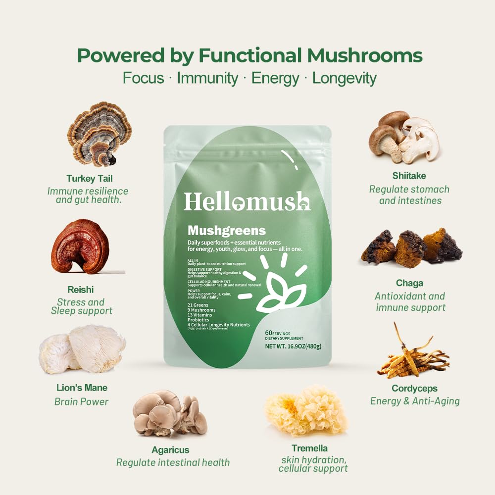 Hellomush Super Greens Powder Superfood, Daily Green Powder Supplement with Probiotics Drink Mix for Men & Women, Blend of Greens, Mushrooms, Vitamins, Probiotics and Cellular Nutrients - TrustMedUSA