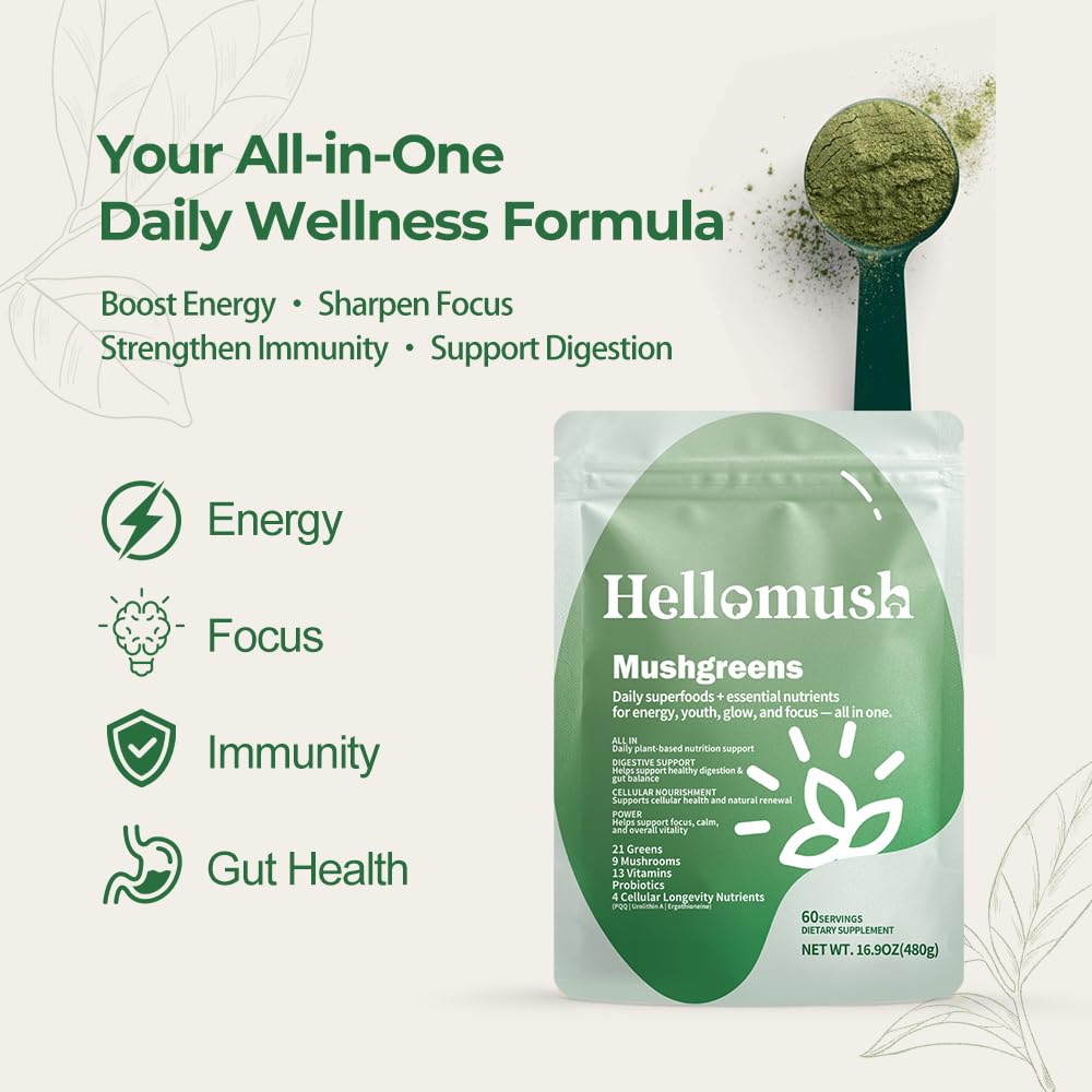 Hellomush Super Greens Powder Superfood, Daily Green Powder Supplement with Probiotics Drink Mix for Men & Women, Blend of Greens, Mushrooms, Vitamins, Probiotics and Cellular Nutrients - TrustMedUSA
