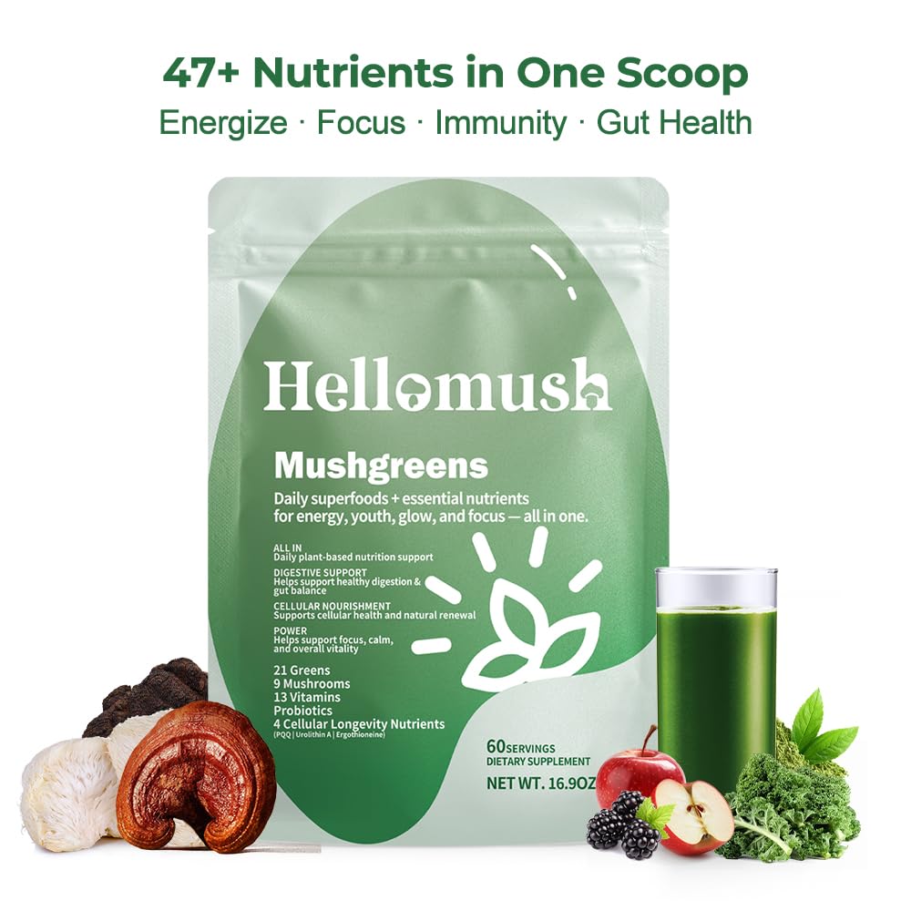 Hellomush Super Greens Powder Superfood, Daily Green Powder Supplement with Probiotics Drink Mix for Men & Women, Blend of Greens, Mushrooms, Vitamins, Probiotics and Cellular Nutrients - TrustMedUSA