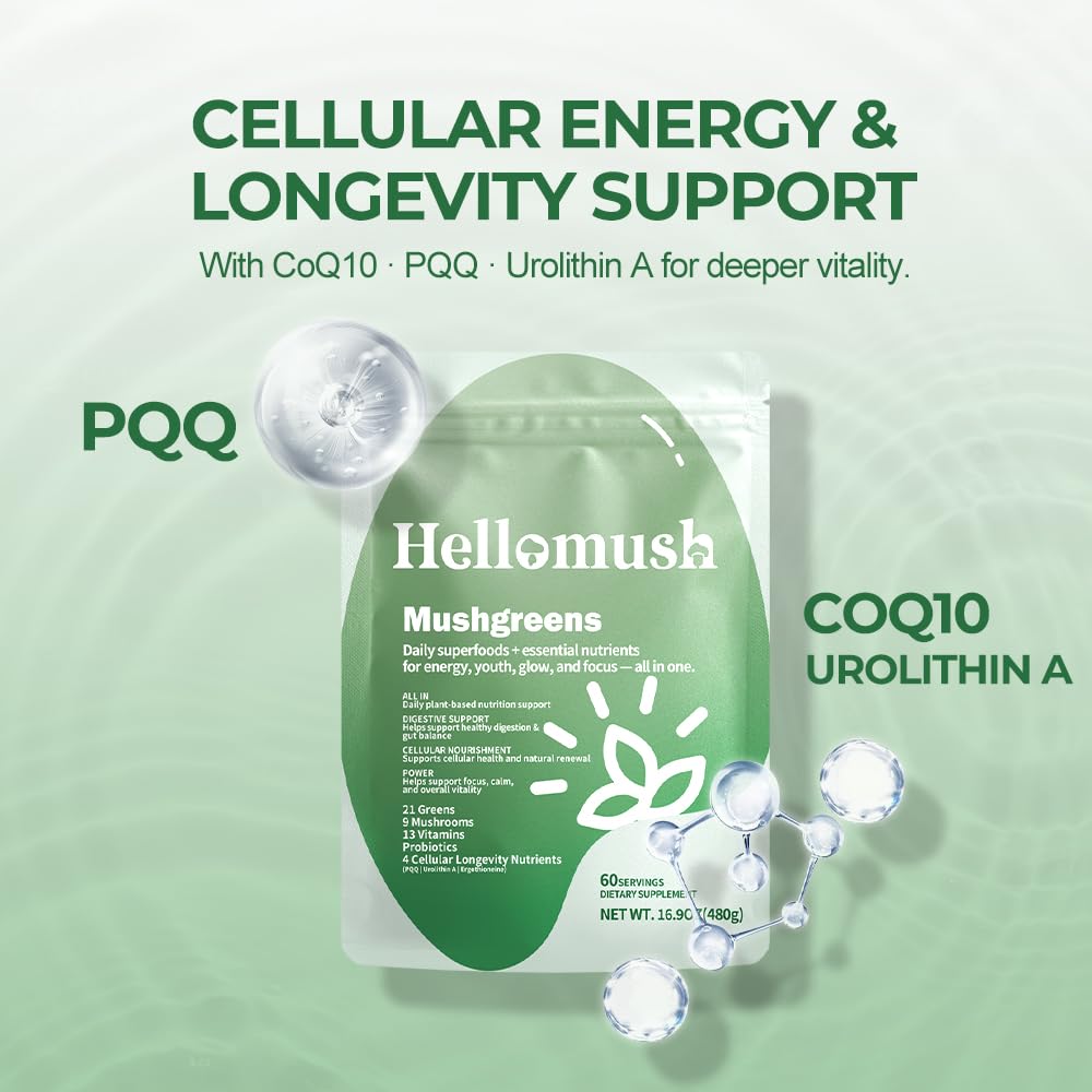 Hellomush Super Greens Powder Superfood, Daily Green Powder Supplement with Probiotics Drink Mix for Men & Women, Blend of Greens, Mushrooms, Vitamins, Probiotics and Cellular Nutrients - TrustMedUSA