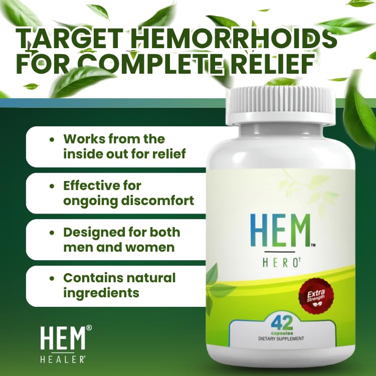 Hem Healer Hem Hero Extra Strength Hemorrhoid Treatment - Reduce Swelling, Soothe Itching & Irritation - 100% Natural - 42 Vegetarian Capsules - TrustMedUSA