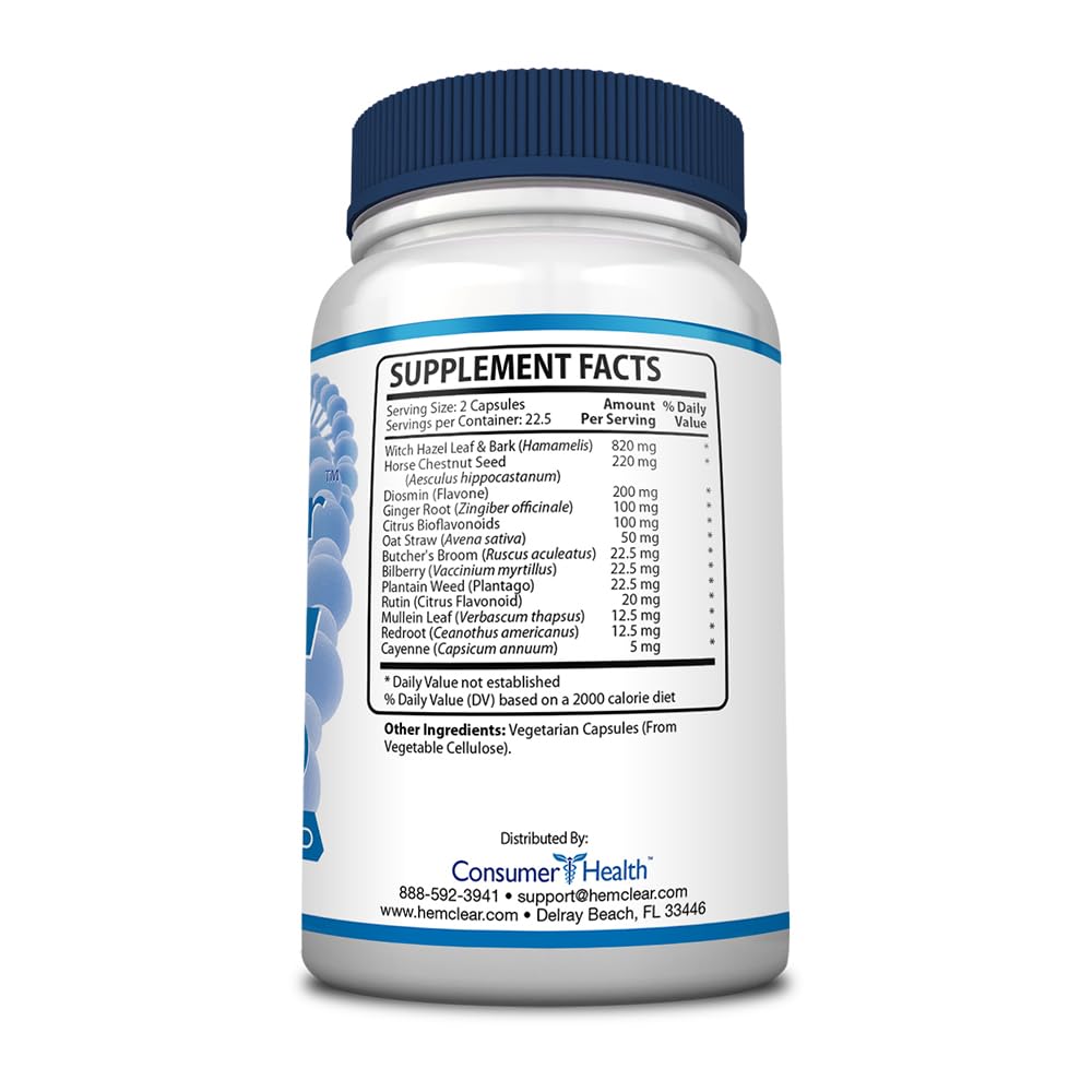 HemClear for Hemorrhoids - Vegan, 100% Natural Formula for Hemorrhoid Relief & Vascular Health - Maximum Strength 1 Bottle - TrustMedUSA